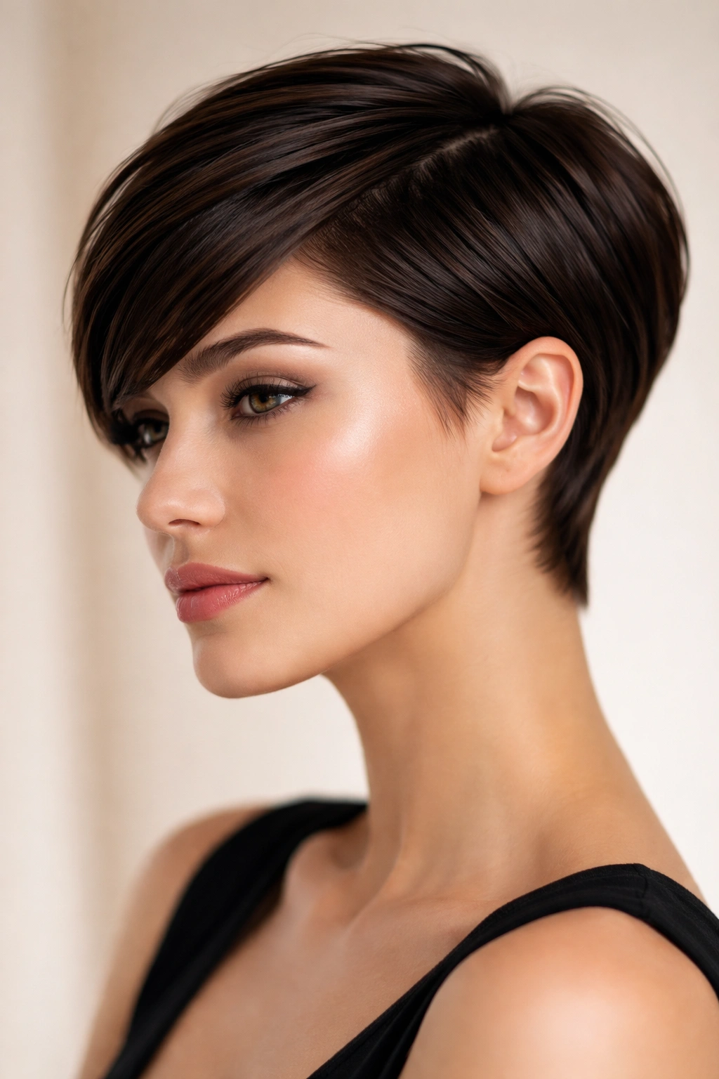 Sleek and angled pixie with clean lines and smooth finish.