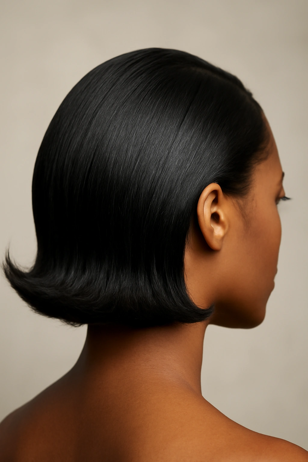 Sleek blowout flip hairstyle with straight, glossy finish and flipped ends