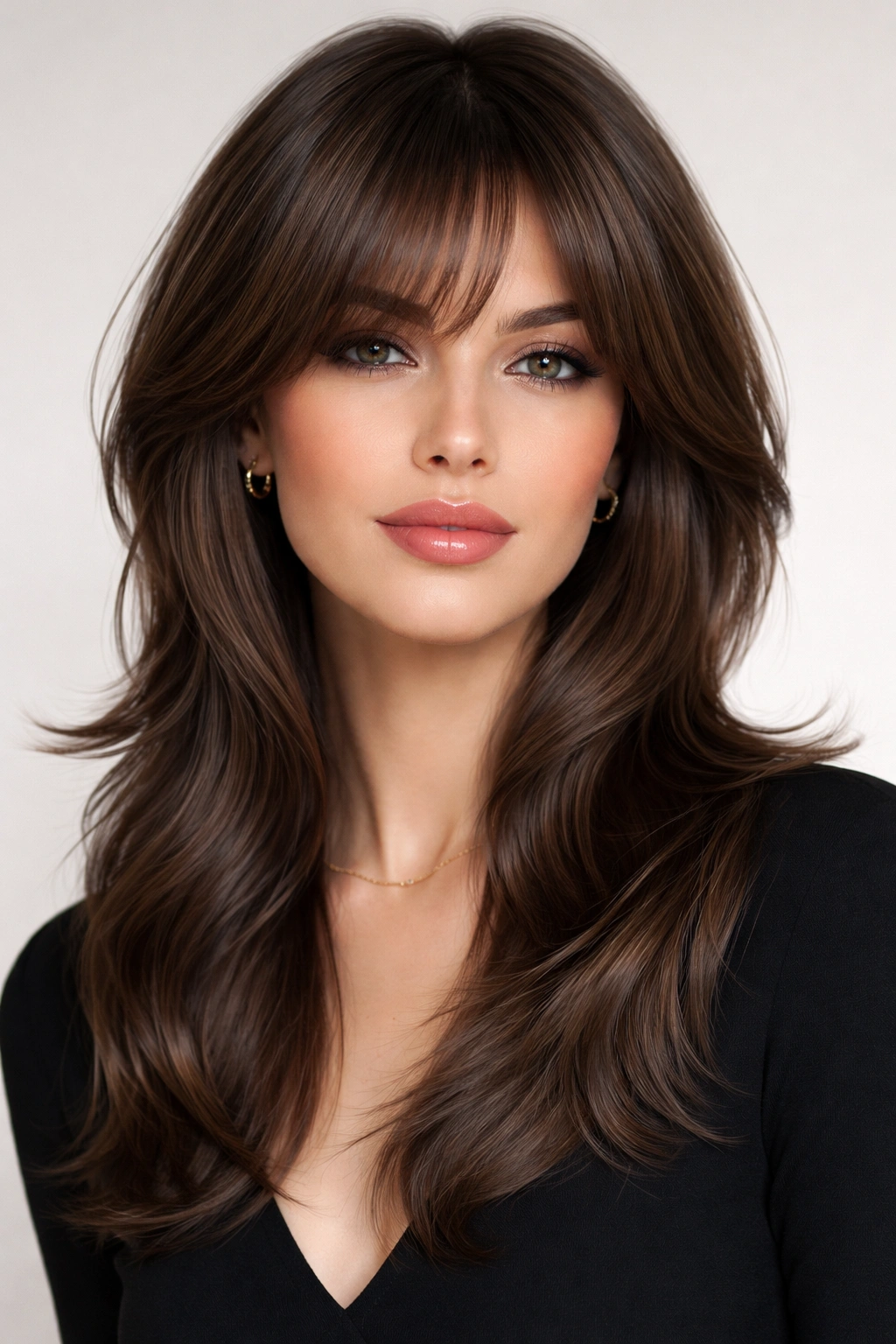 Sleek blowout wolf cut with polished waves on a woman.