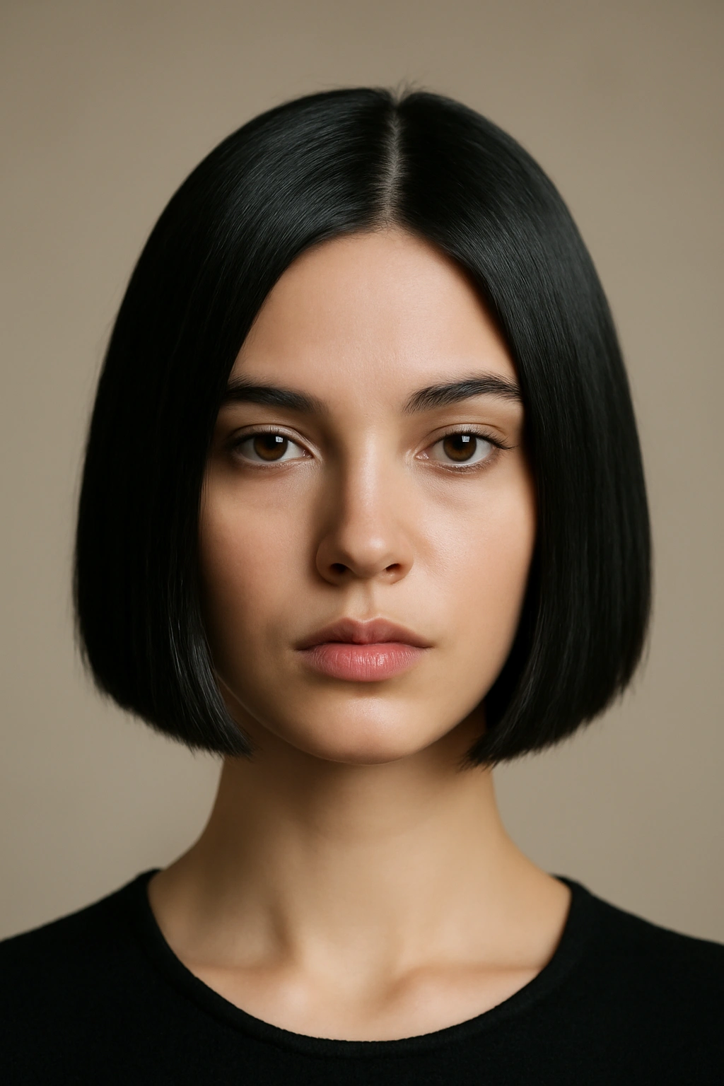 Close-up of a sleek jaw-length blunt bob with glossy straight hair