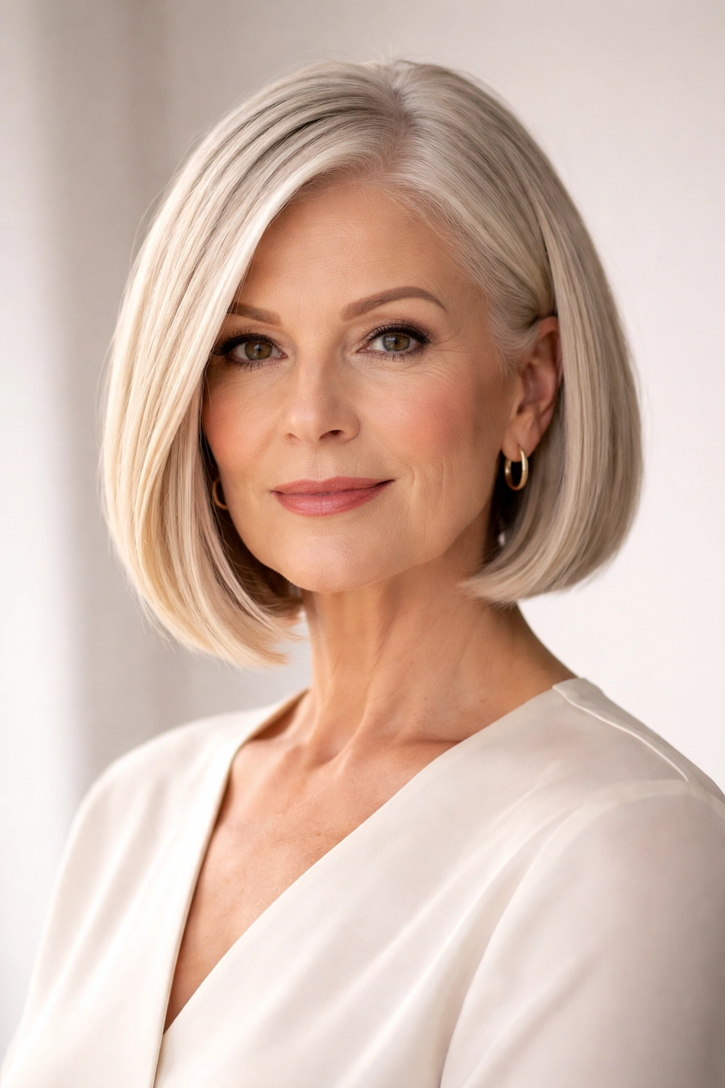 Chin-length sleek blunt-edged bob with glossy finish.