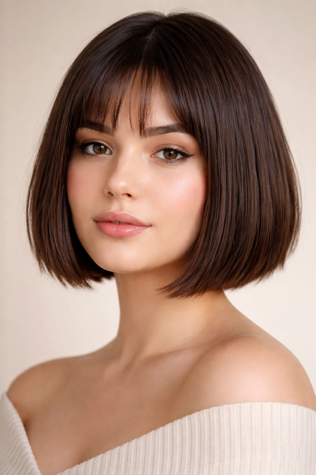 Close-up of a model's jaw-length Sleek Blunt Bob with Textured Ends.