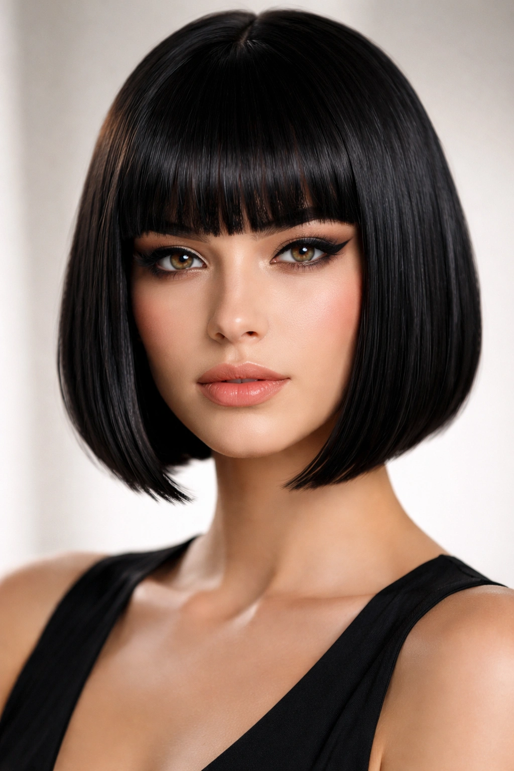 Chin-length sleek black bob with blunt bangs