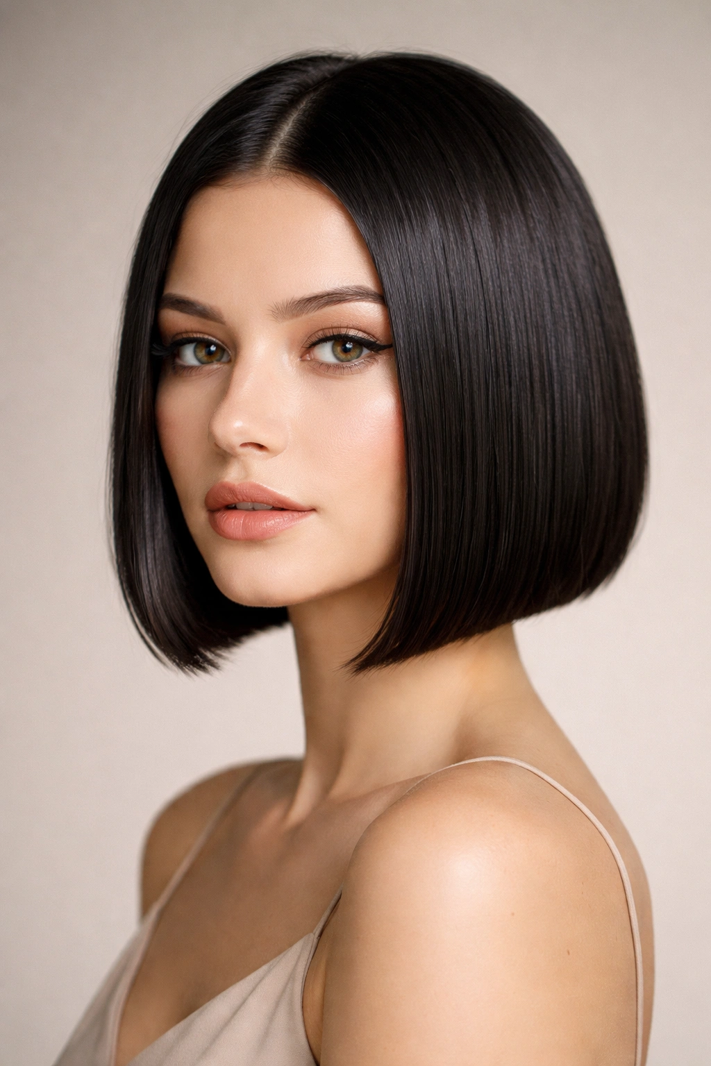 Close-up of a sleek chin-length bob with blunt edges and glossy straight hair