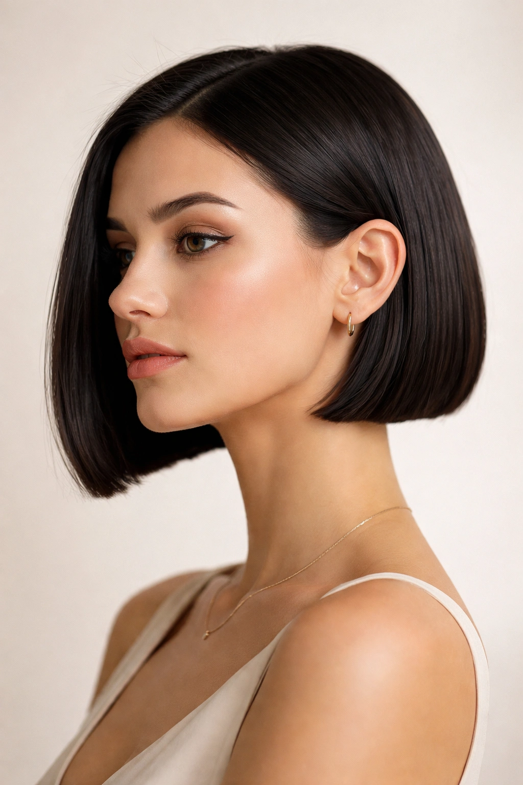 Sleek chin-length bob tucked behind the ear, showing neck and jawline