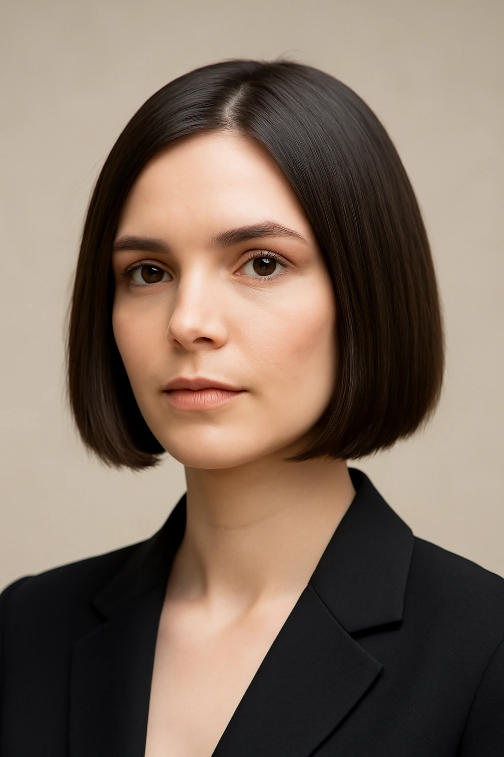 Portrait of a sleek chin-length blunt bob with precise cut