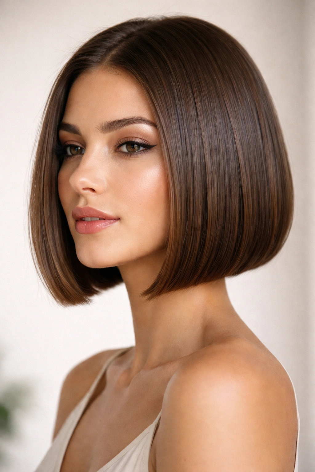 Close-up of a chic, chin-length sleek bob with blunt cut