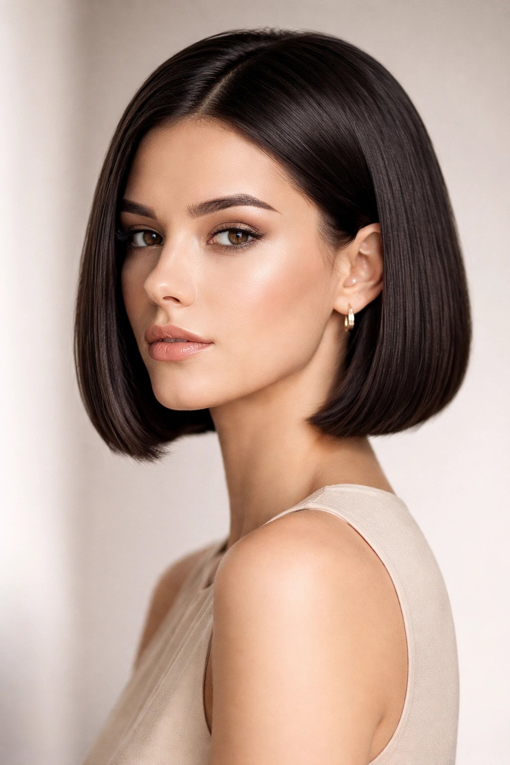 Close-up of a jaw-length blunt bob with a glossy, smooth finish.