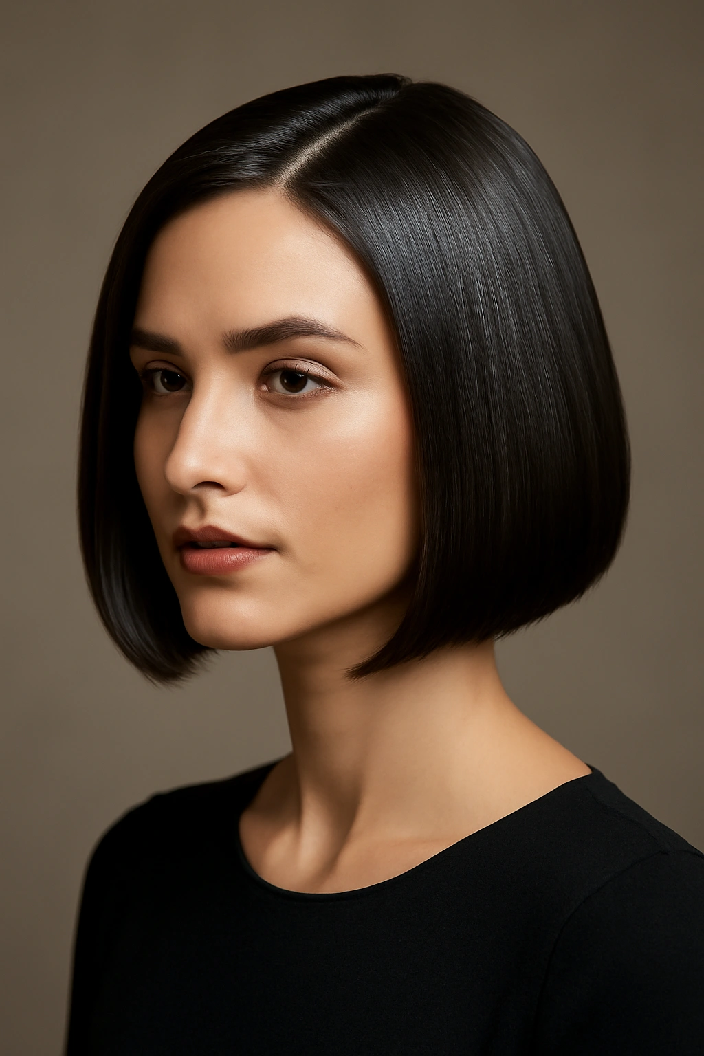 Chin-length sleek bob with blunt line and high shine under studio lighting