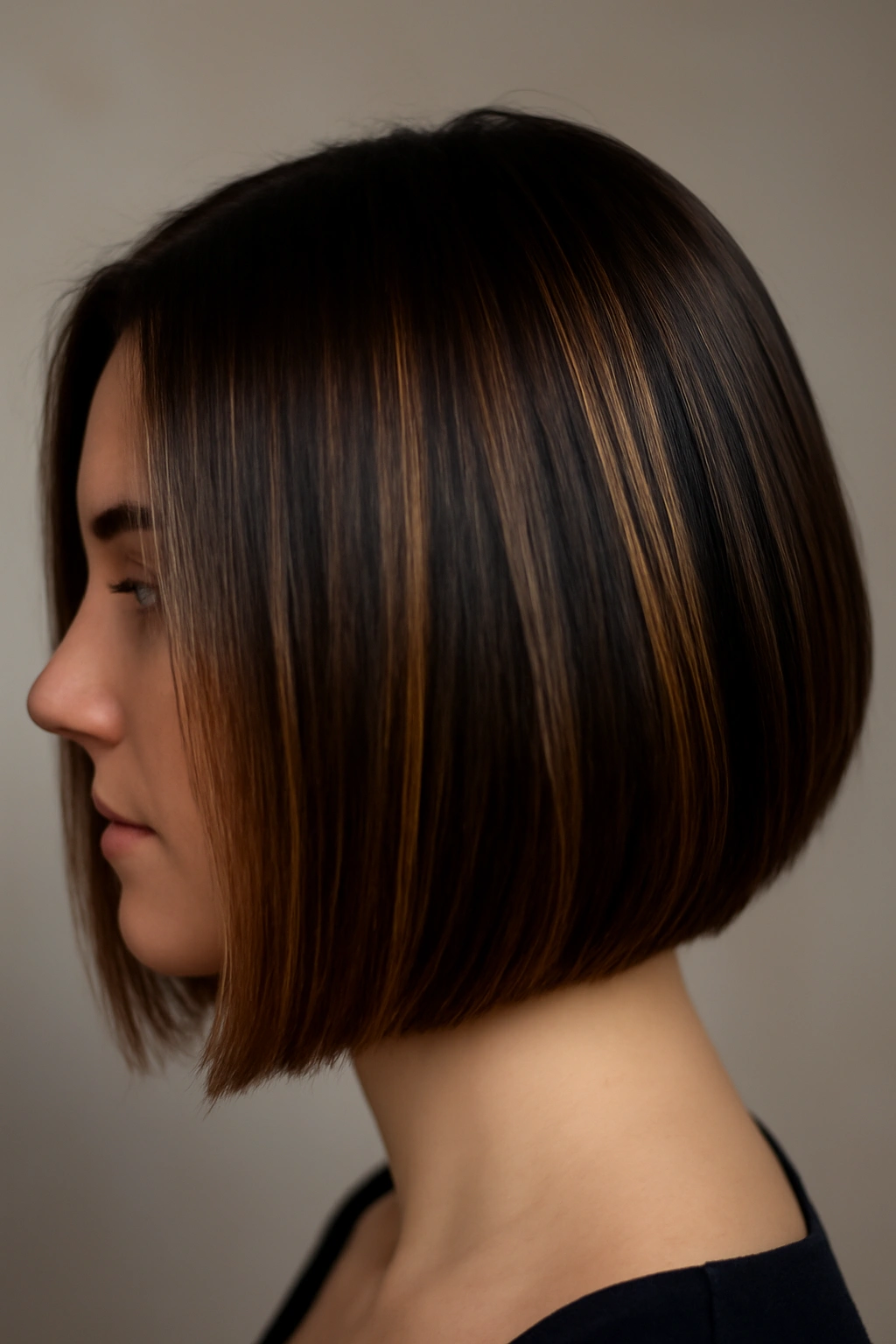 Close-up of a sleek chin-length bob with dimensional brunette color