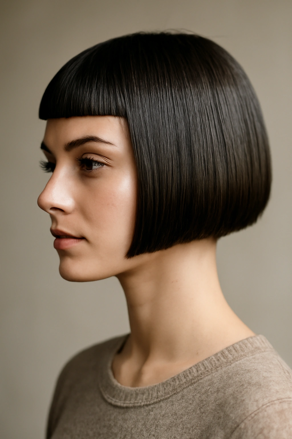 Sleek bob hairstyle with geometric bangs and crisp lines