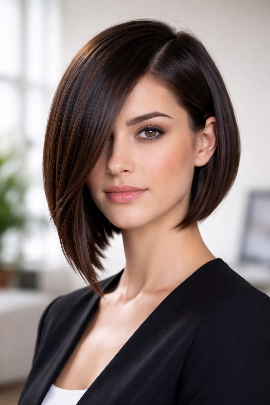 Sleek asymmetrical bob with hidden layers for subtle movement and shine.