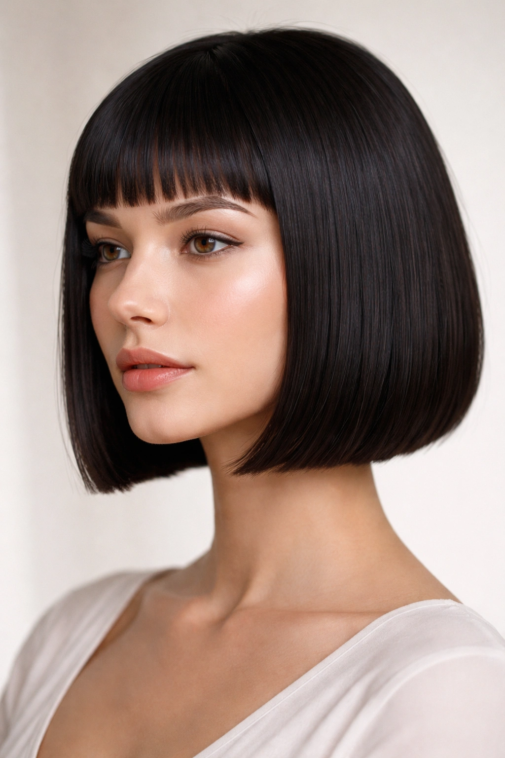 Blunt chin-length bob with micro-bangs showing a polished, shiny texture.