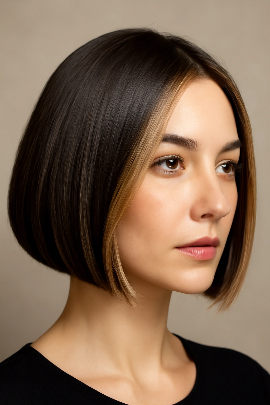 Close-up of a sleek jaw-length bob with blunt edges and face-framing money pieces under soft studio lighting
