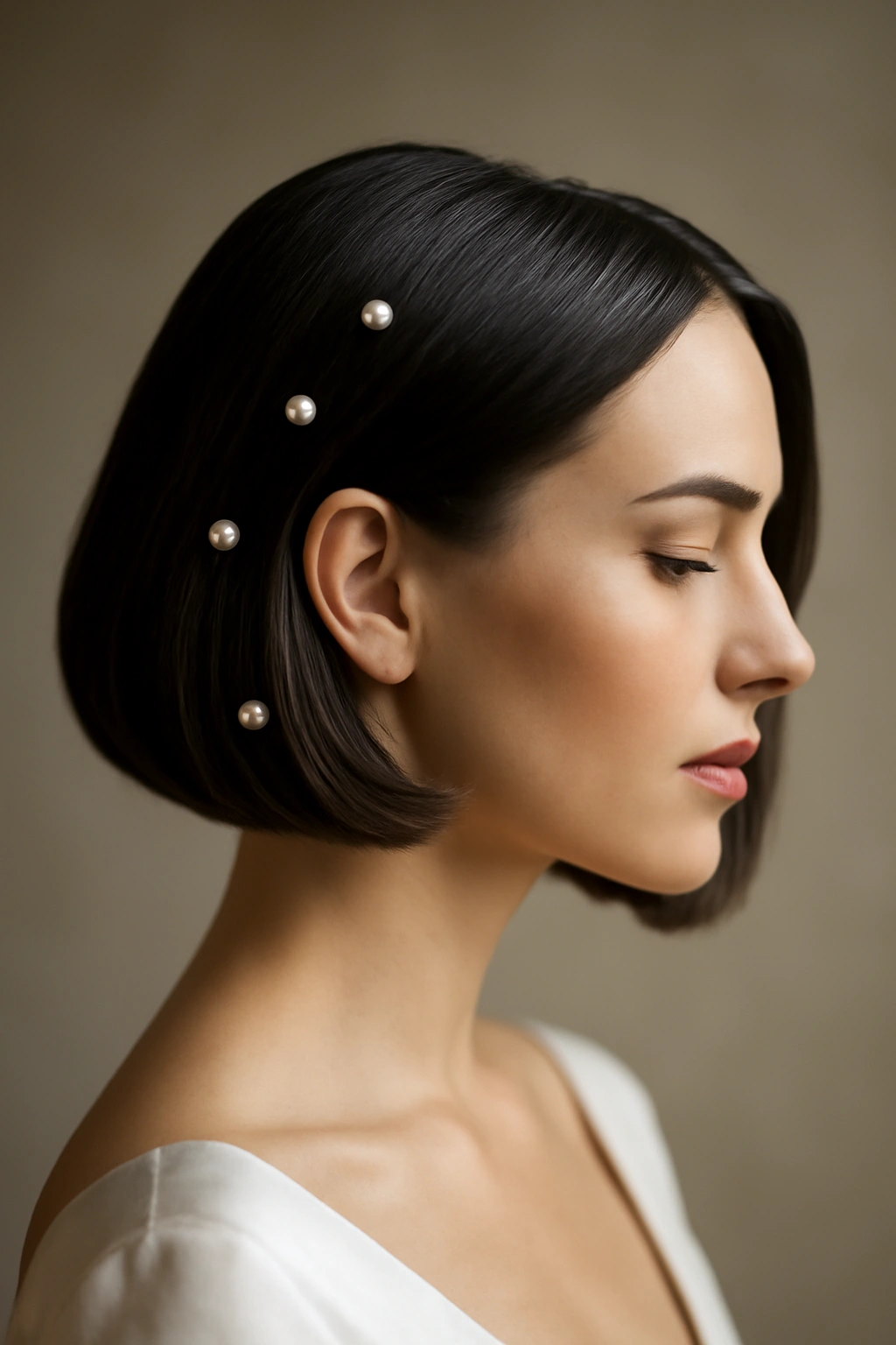 Close-up of a chin-length sleek bob with pearl pins for a bridal look.