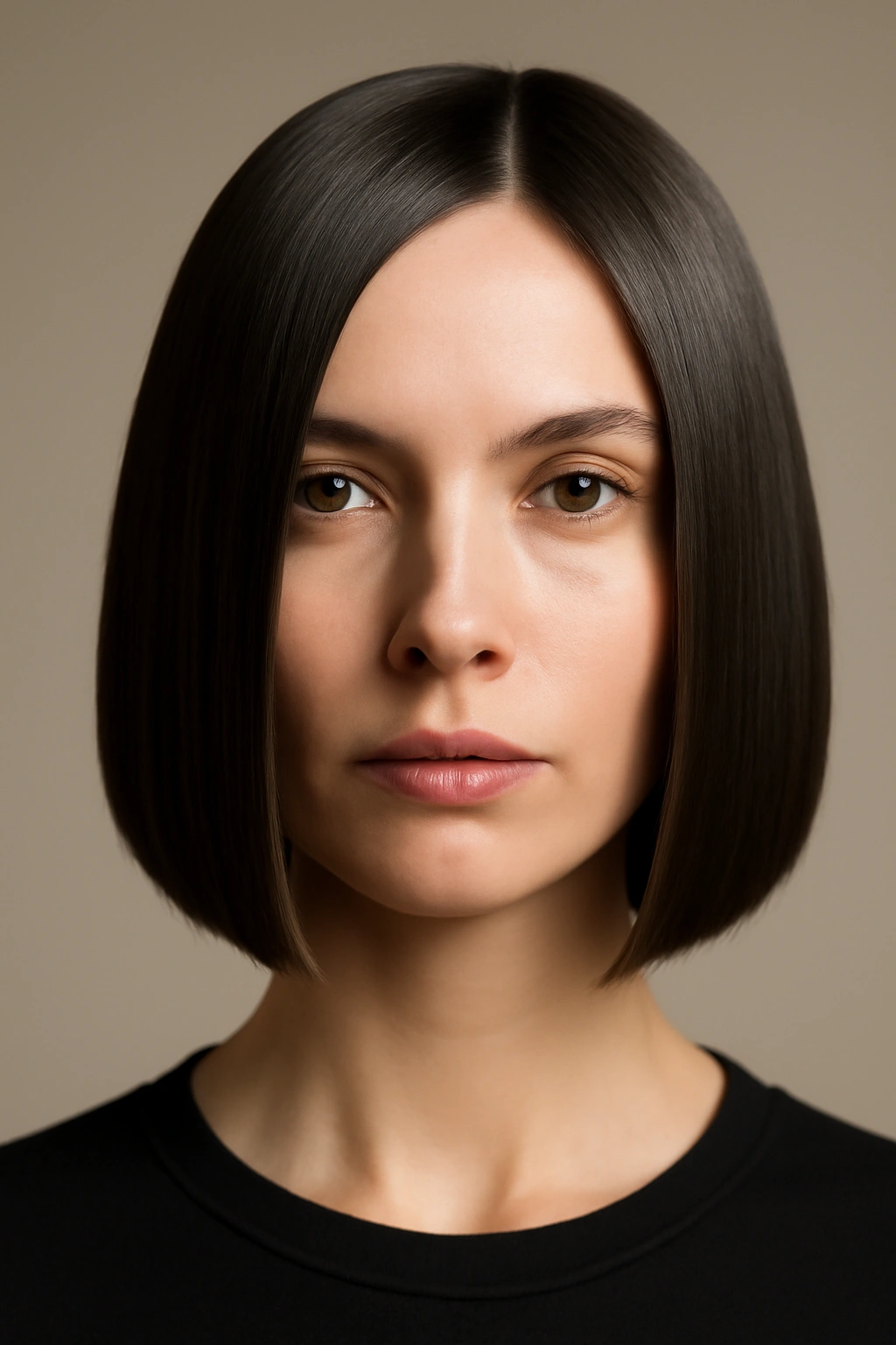 Sleek, blunt bob with smooth shine in studio portrait