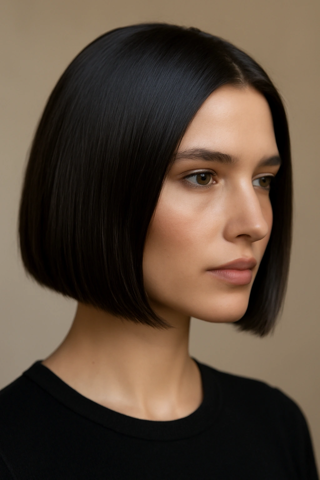 Close-up of straight, glossy bob at chin to jawline with smooth texture