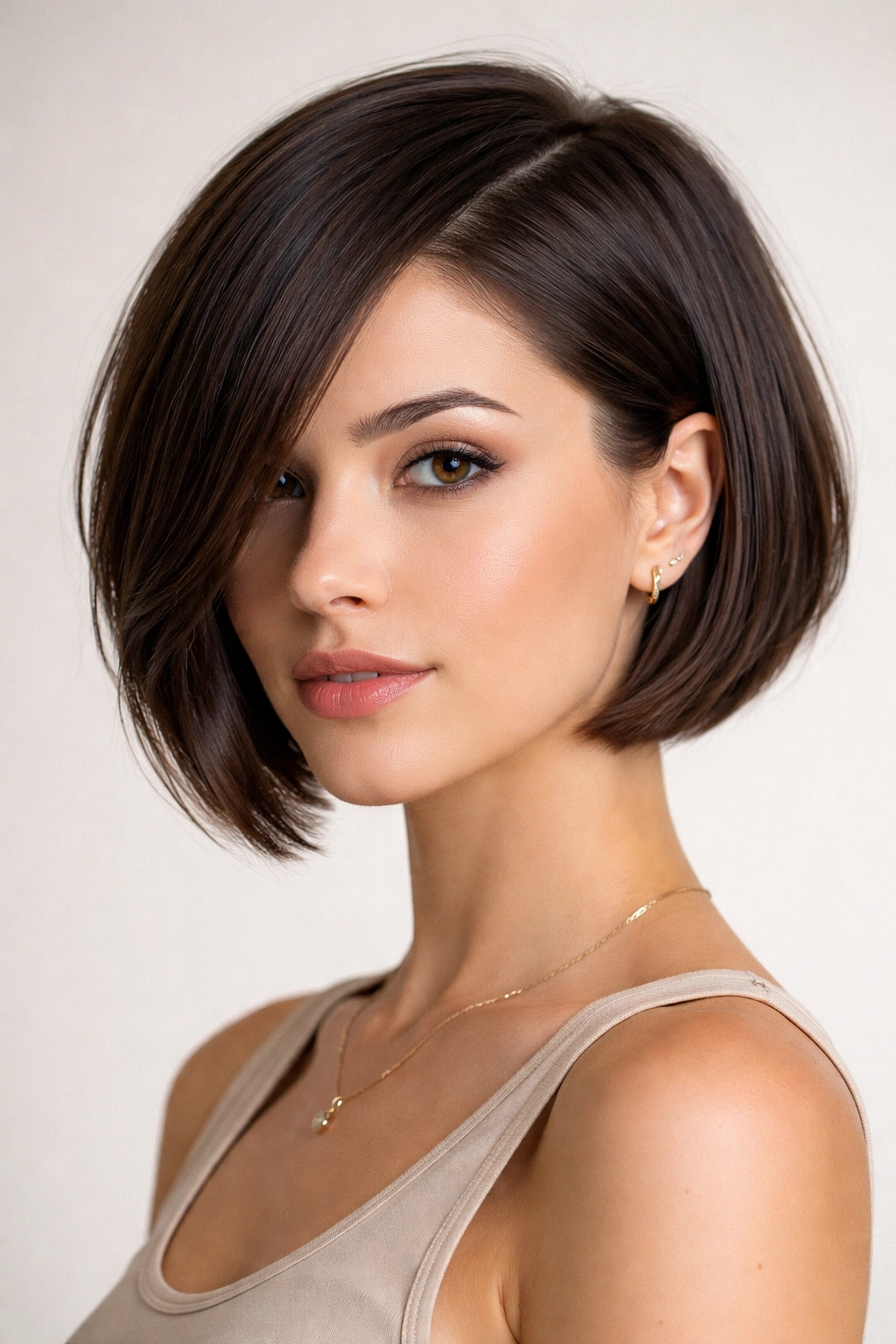 Sleek bob with hidden textured undercut beneath a smooth top.