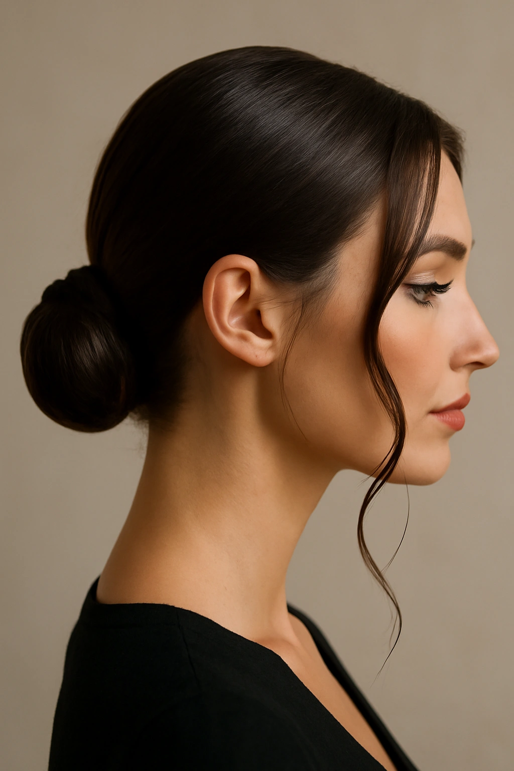 Sleek low bun with face-framing pieces on long hair in a formal look