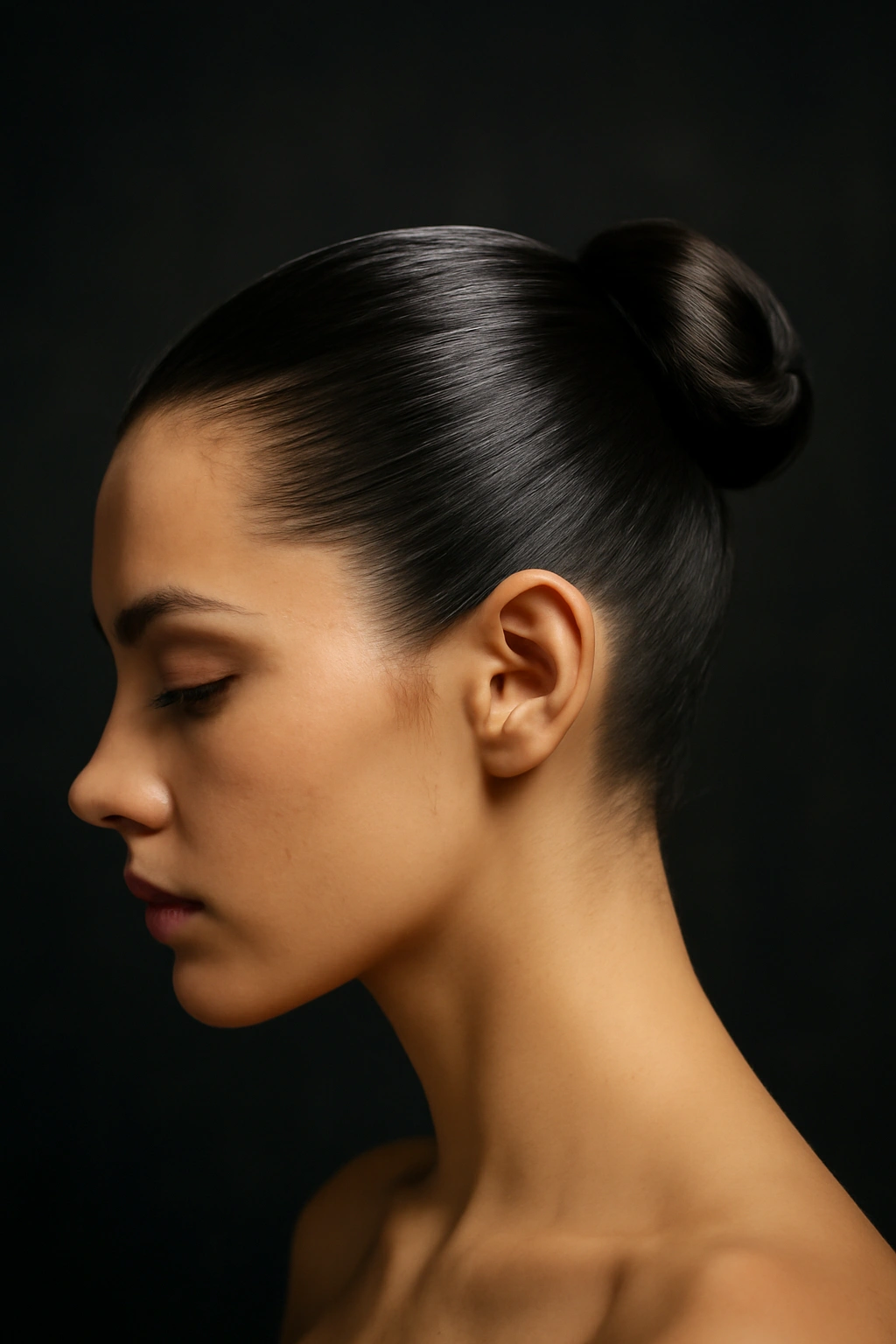 Portrait of a person with a sleek, glossy bun at the crown/back of the head