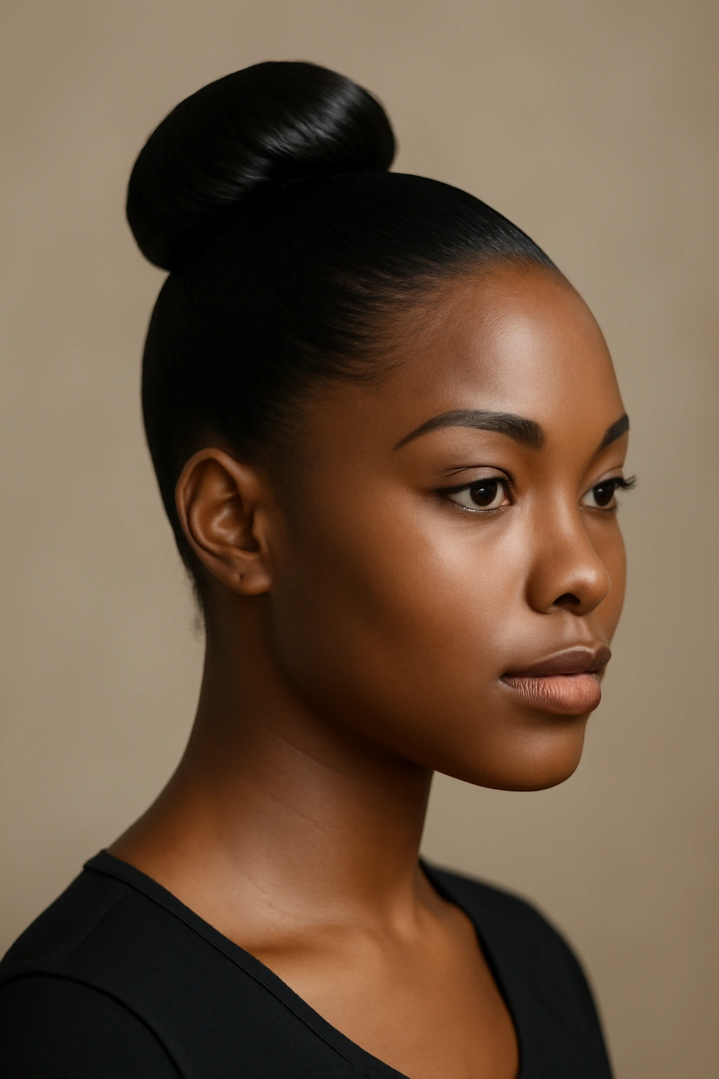 Close-up of a high, sleek bun at the crown with glossy finish