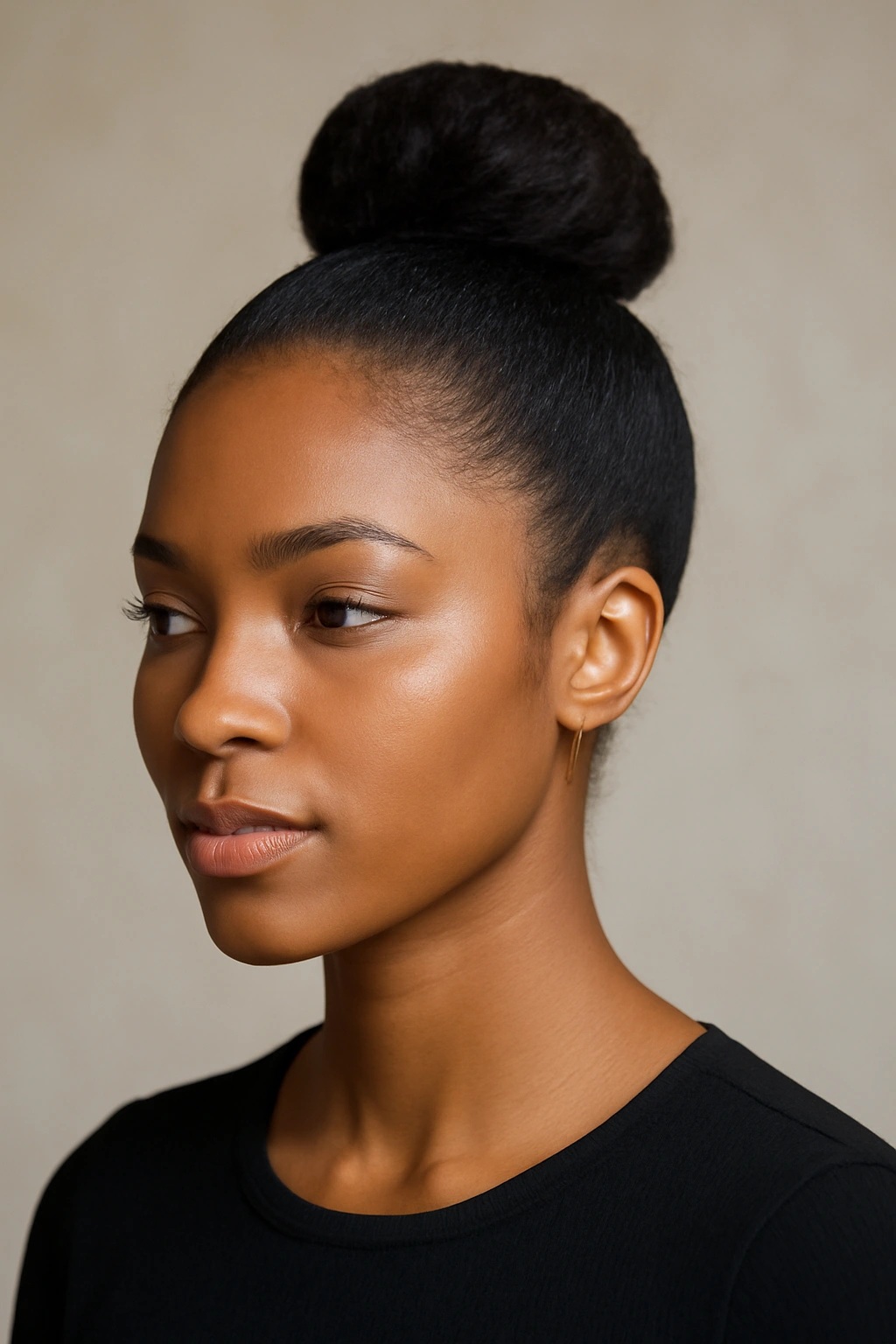 Close-up of a polished high bun on natural hair, showing smooth texture at the crown and defined edges.