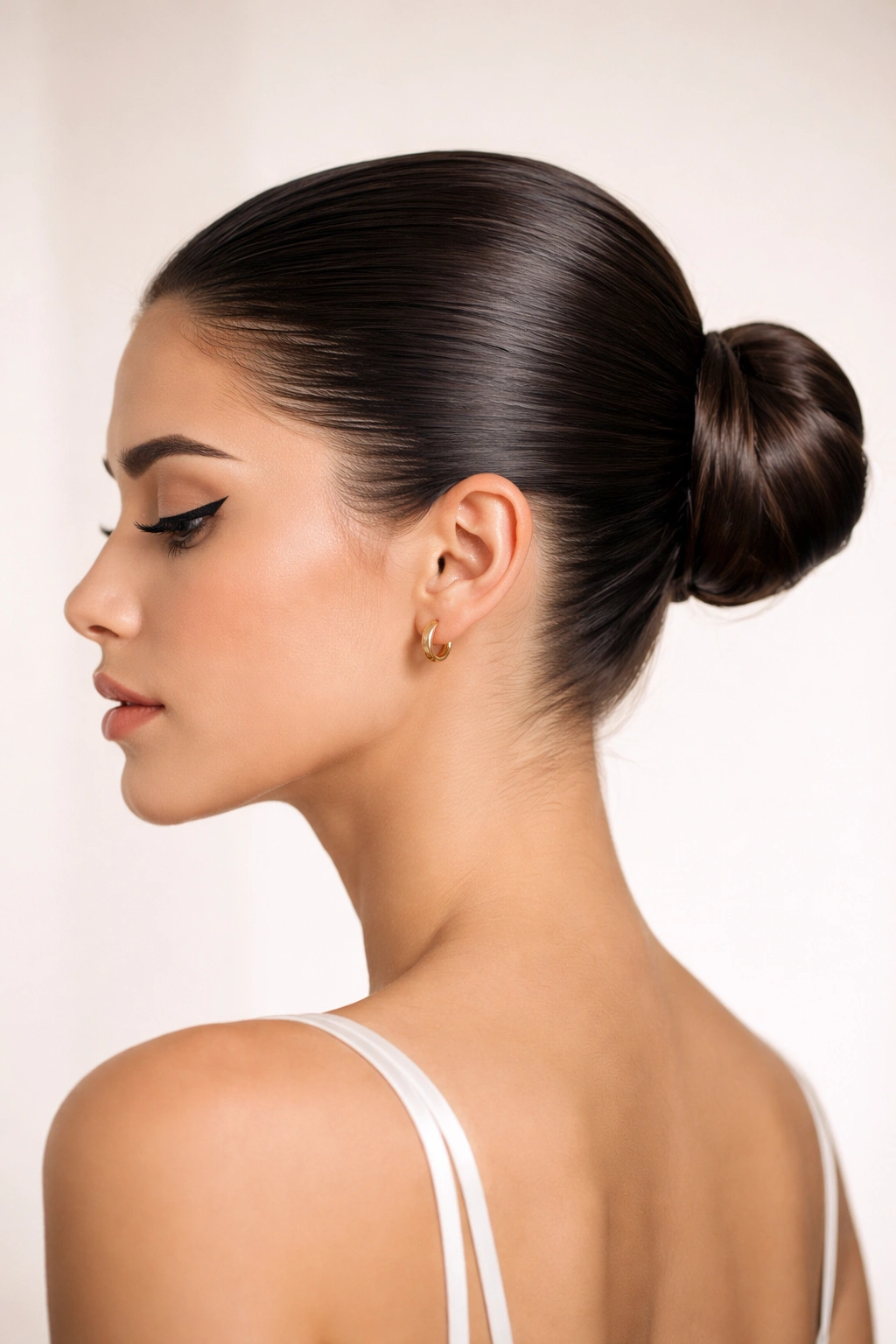 Sleek ponytail tied into a compact bun with glossy finish.