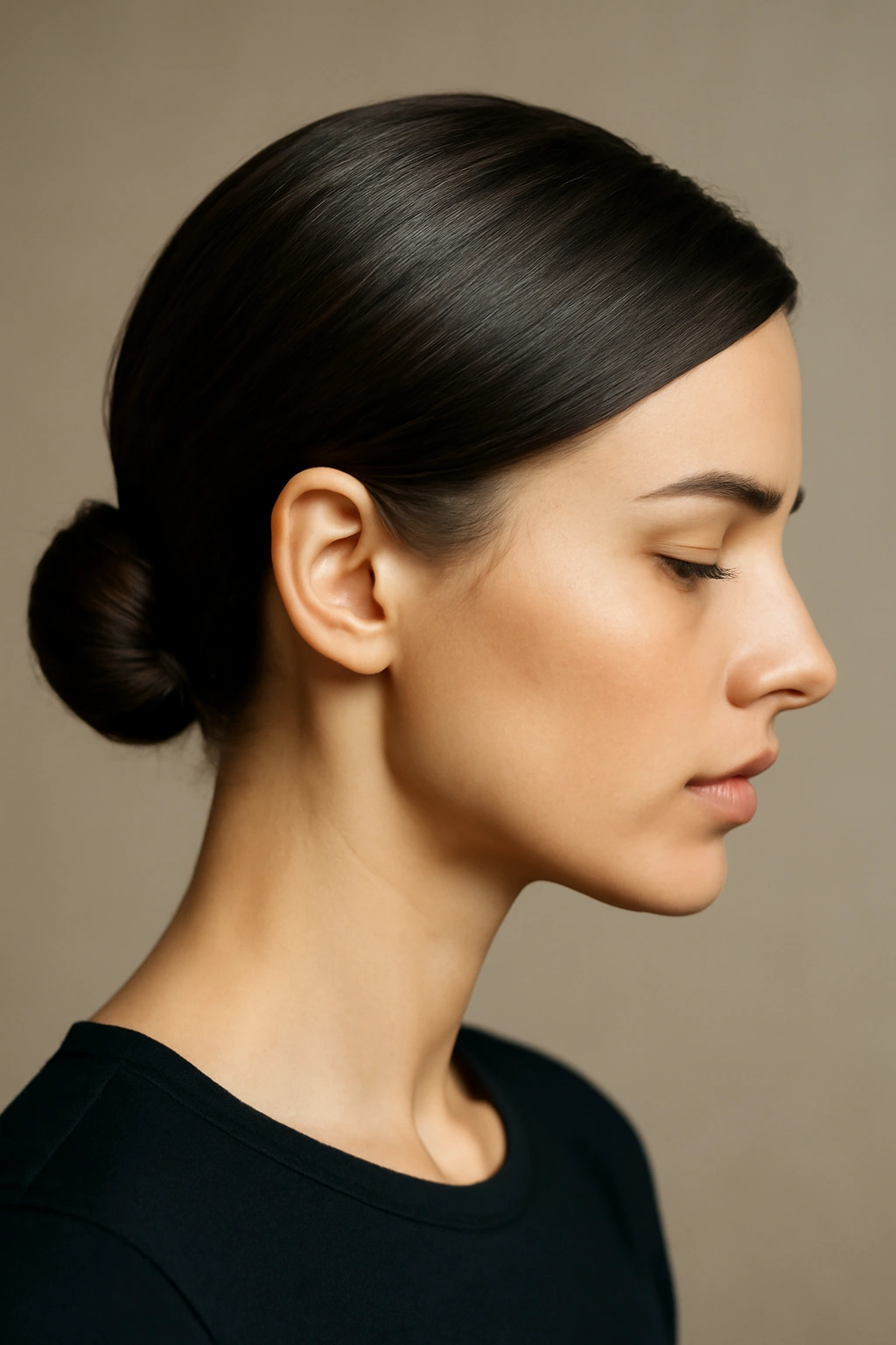 Close-up of a sleek low bun on chin-length hair, polished and elegant.