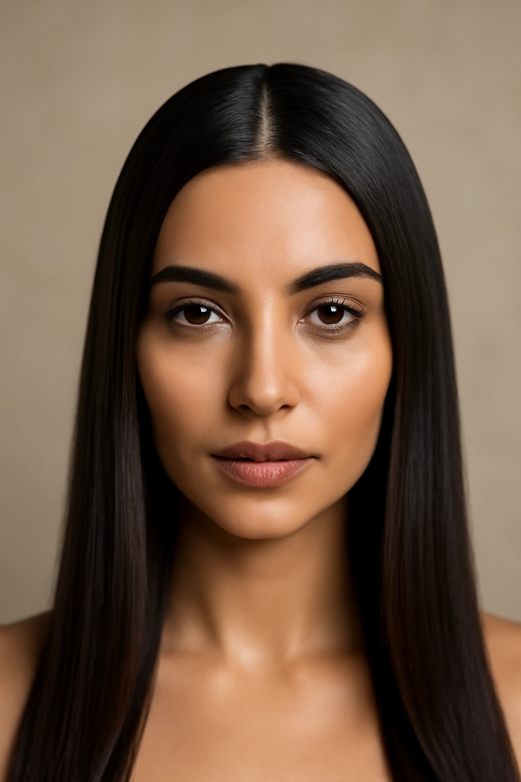 Sleek center-part hairstyle with glossy straight hair