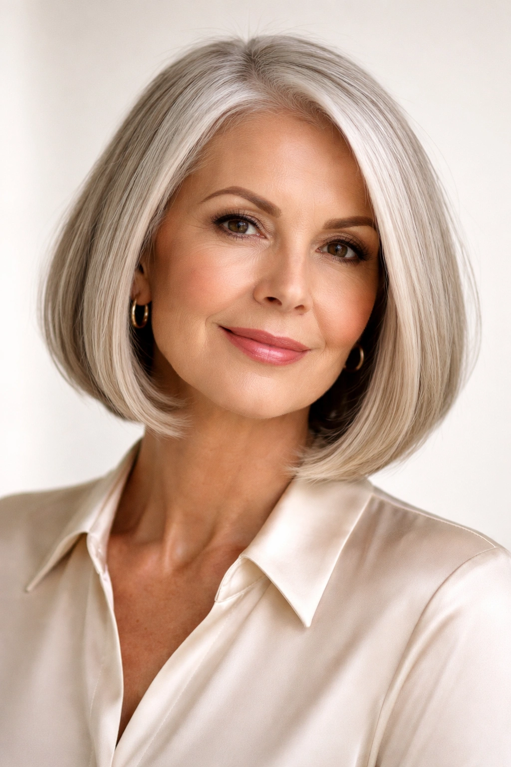 Older woman with sleek chin-length bob that adds width for oblong faces.