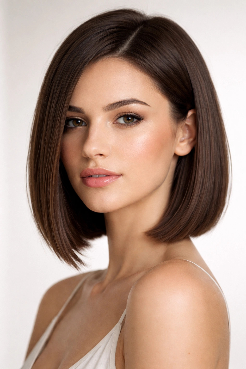 Sleek chin-length lob with blunt, smooth line