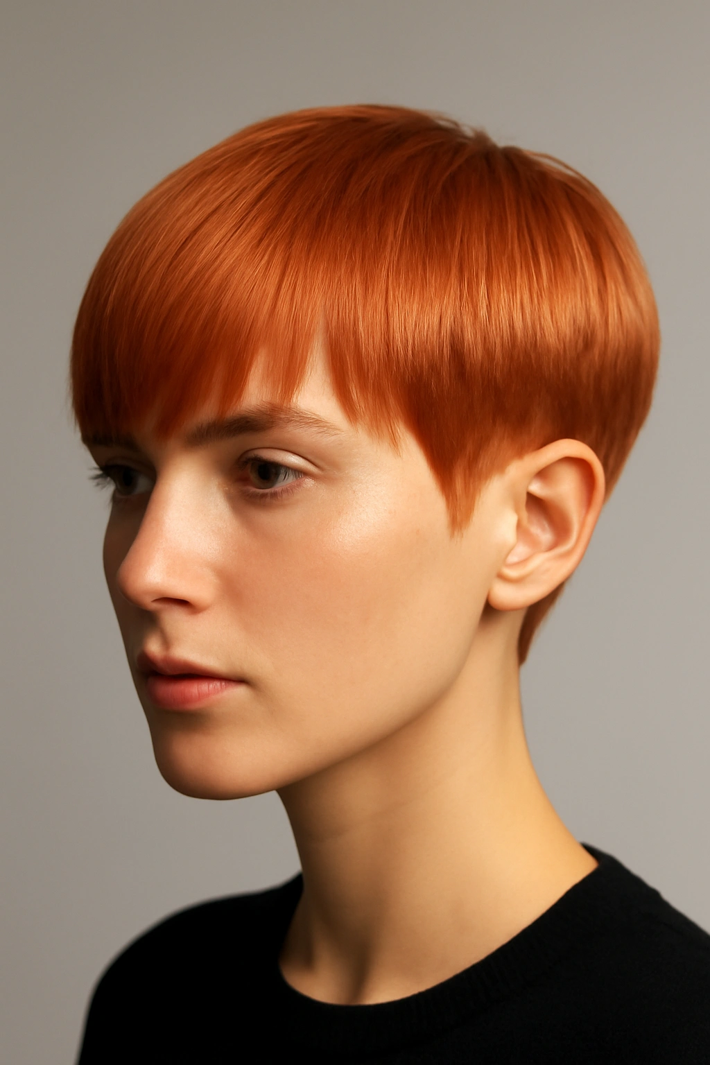 Sleek copper crop with extended fringe showing bold color and crisp lines.