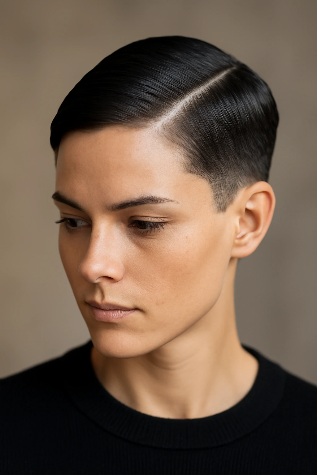 Close-up of a sleek crop hairstyle with a deep side part