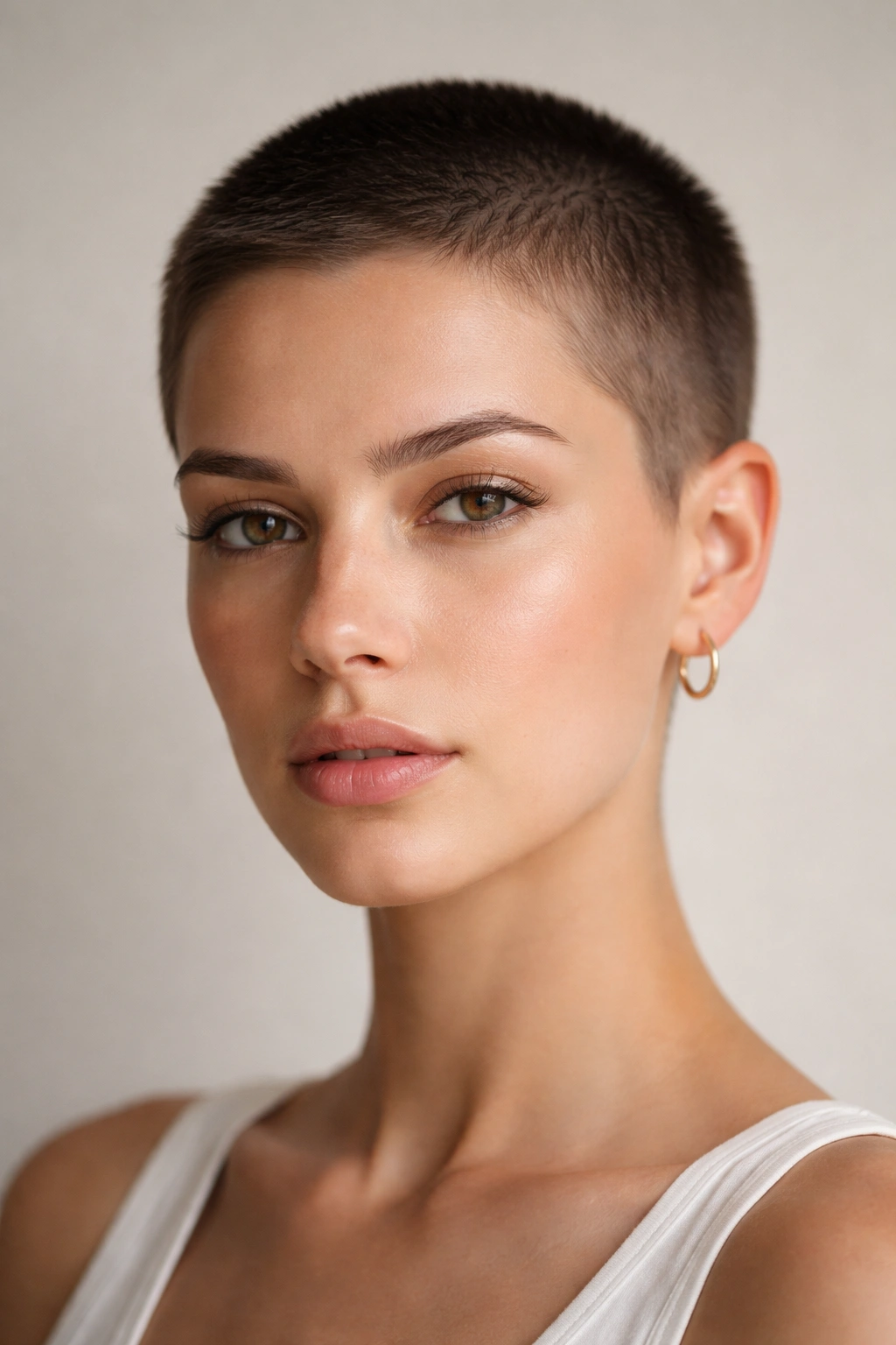 Close-up of sleek short all-over crop hairstyle with clean lines