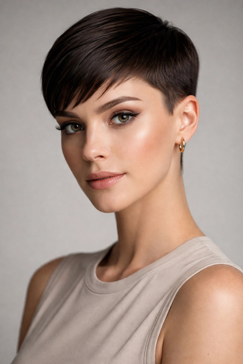 Close-up of a The Sleek Crop haircut on a model in a clean studio setting