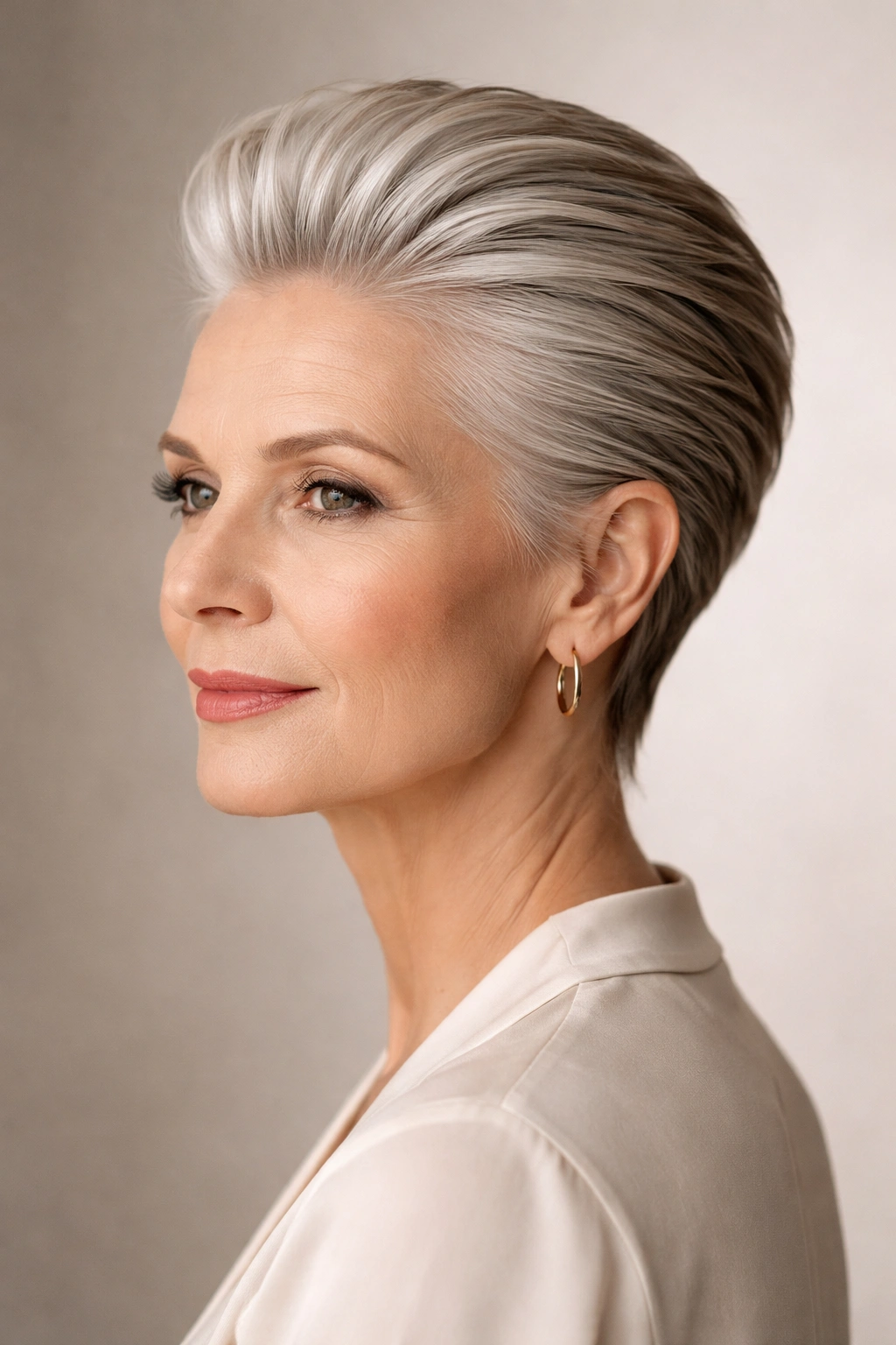 Older woman with a sleek styled-back crop, showing crisp back-swept lines.