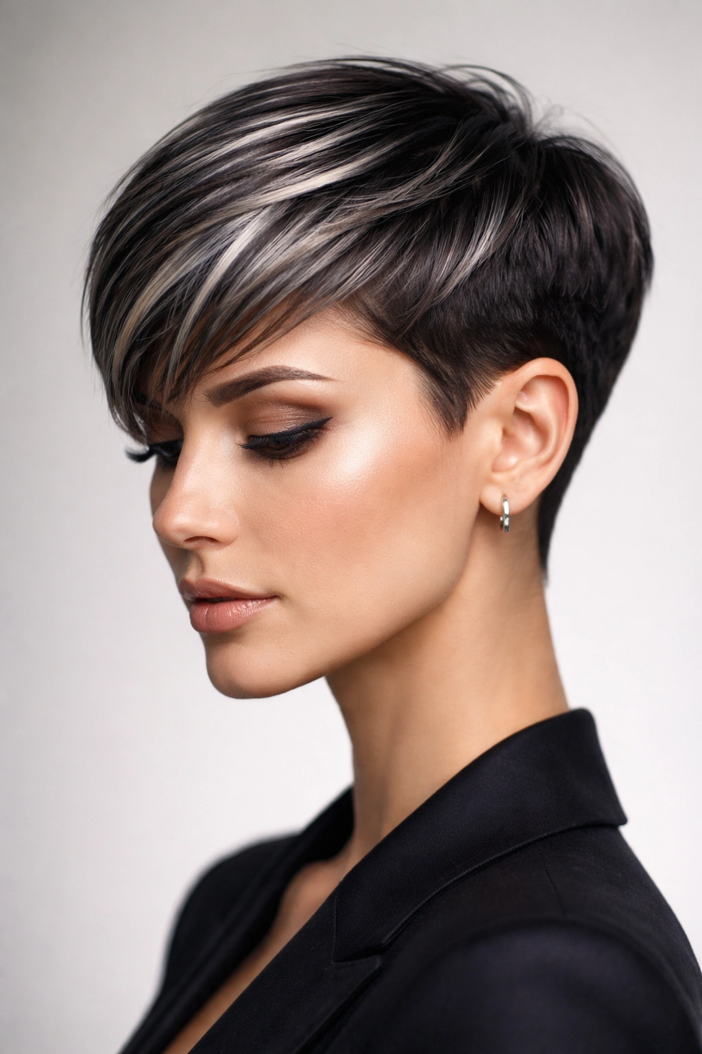 Close-up of a sleek cropped cut with metallic gray highlights