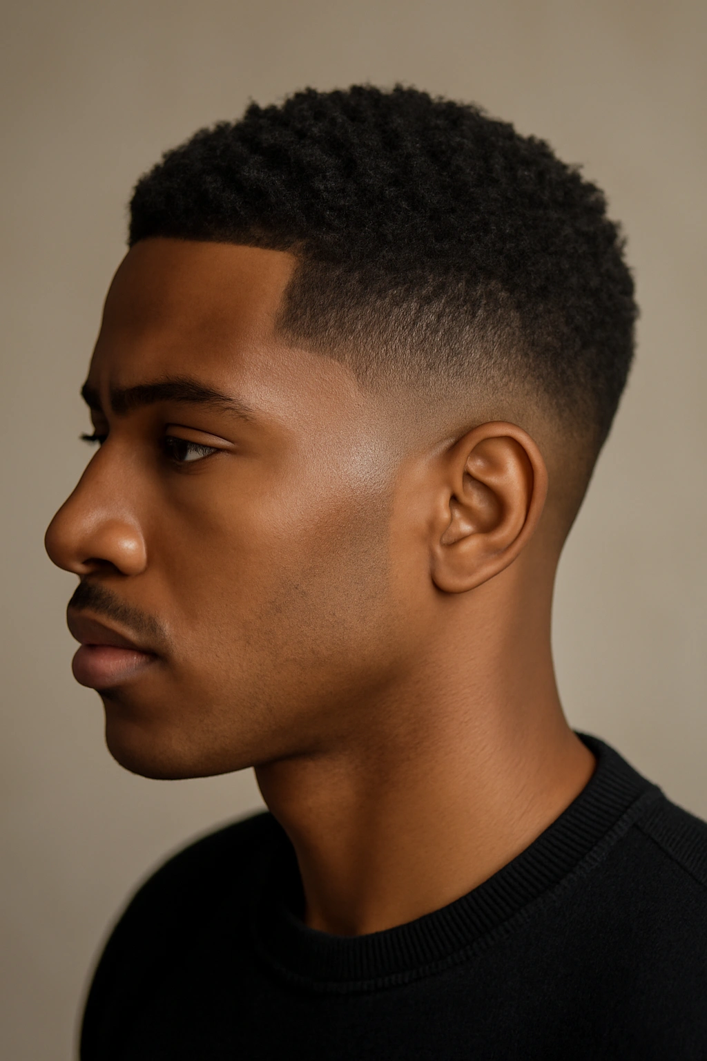 Profile of sleek fade with defined edges on natural hair