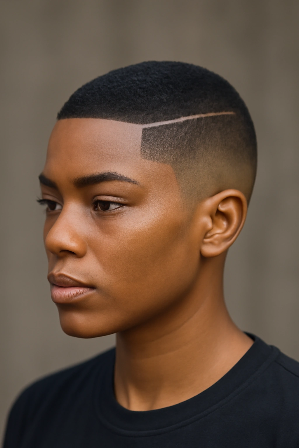 Close portrait of a Black woman with a sleek fade and hard lines