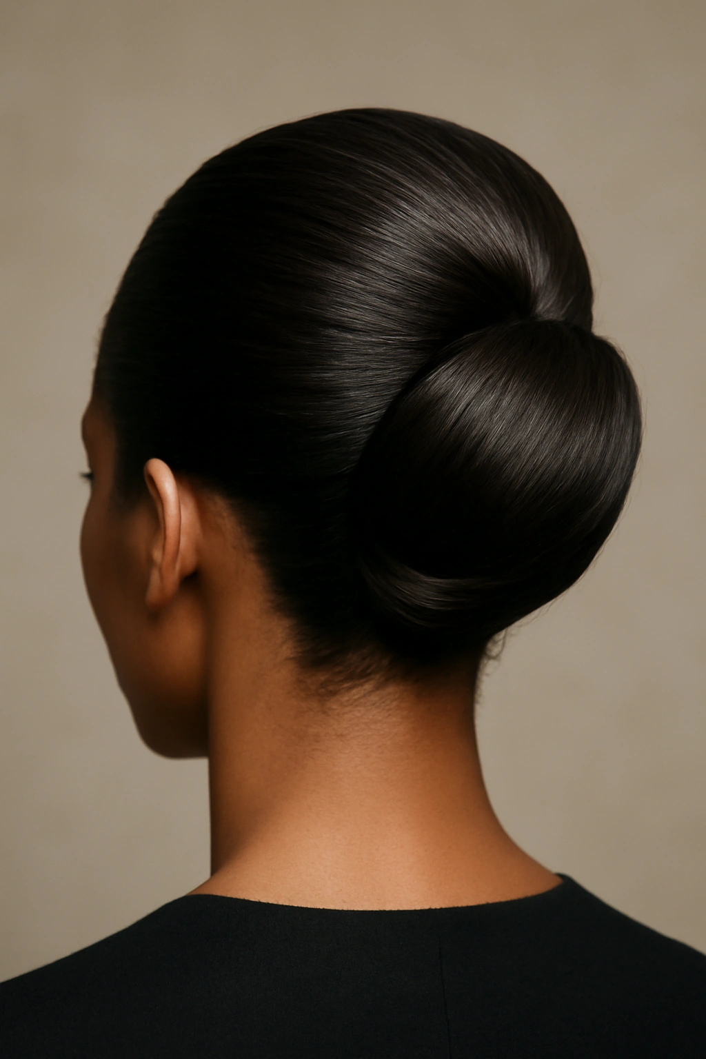 Back view of a classic sleek French roll updo with glossy, smooth hair at the nape