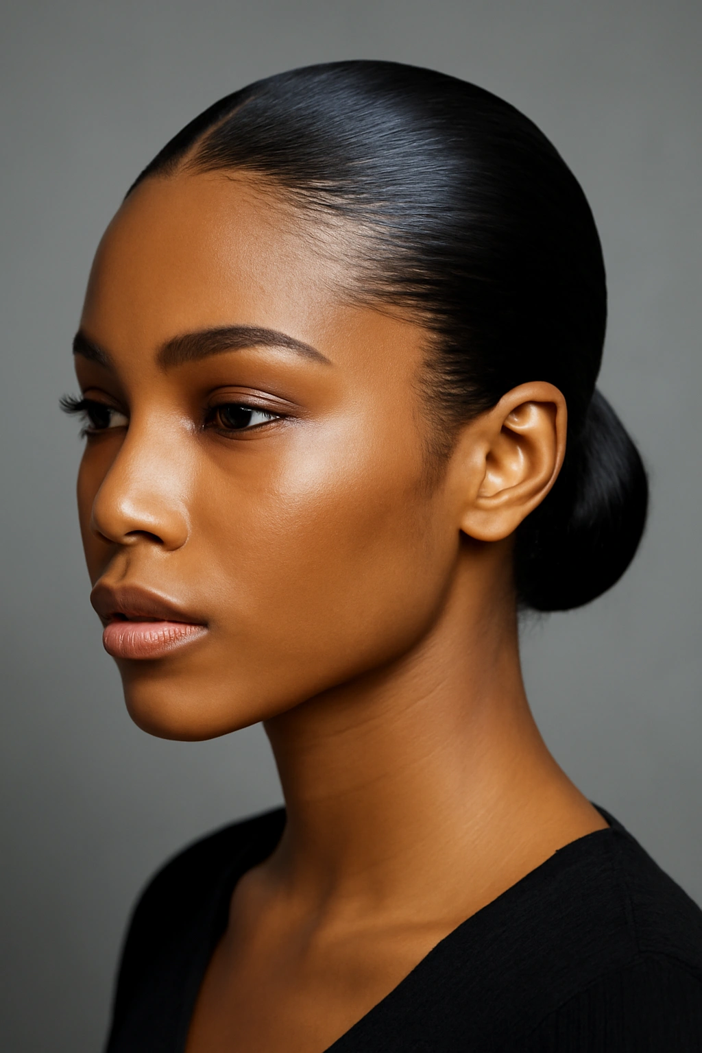 Close-up portrait of a Black woman with a glossy gel pushback revealing a defined hairline.