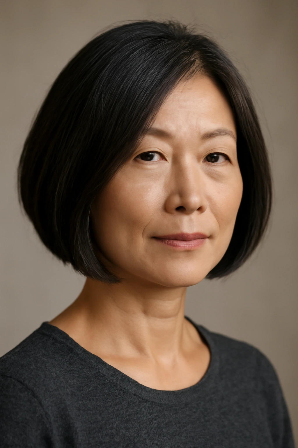 Portrait of an Asian woman over 50 with a sleek graduated bob.