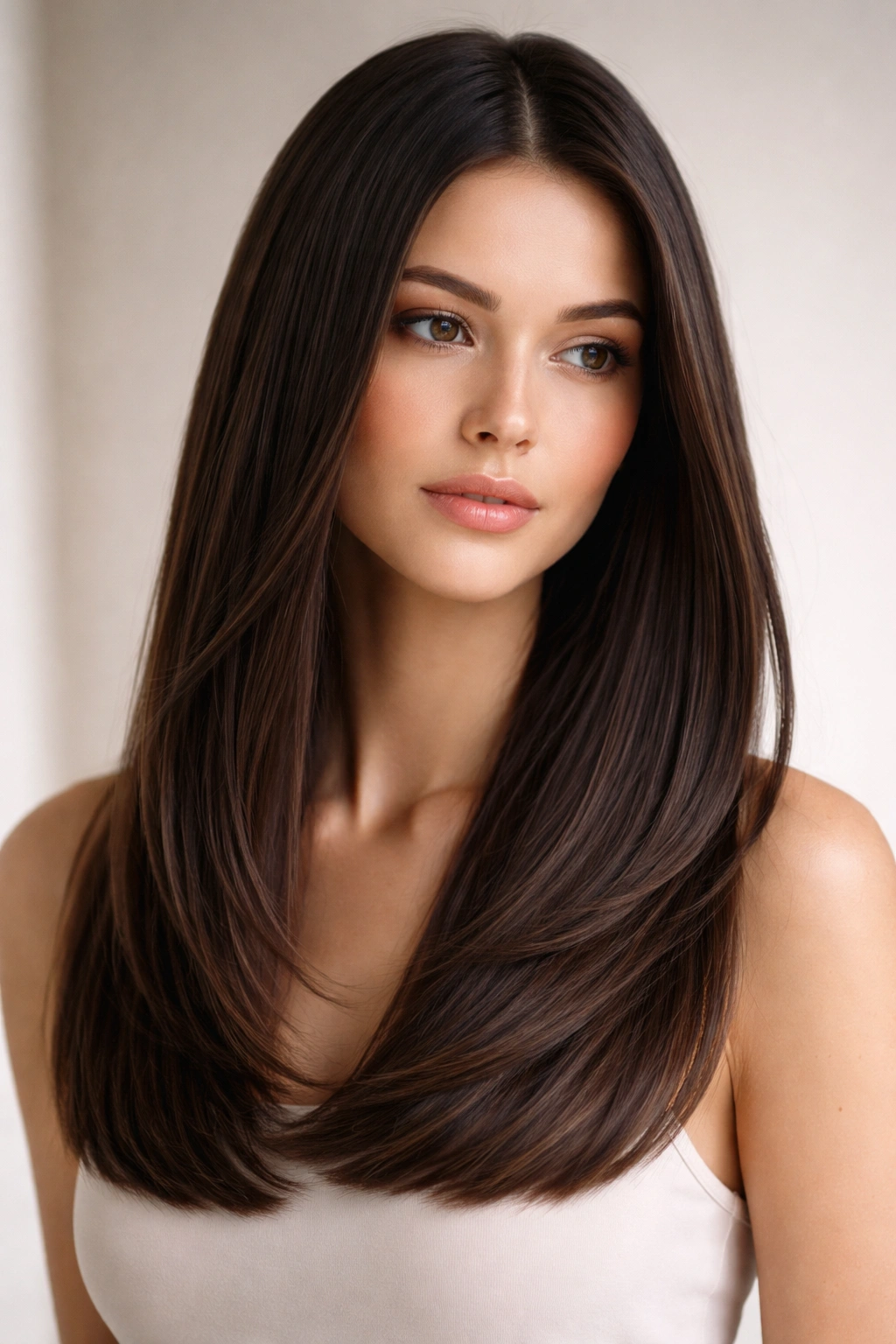 Close-up of straight hair with invisible layers gently moving, highlighting sleek shine
