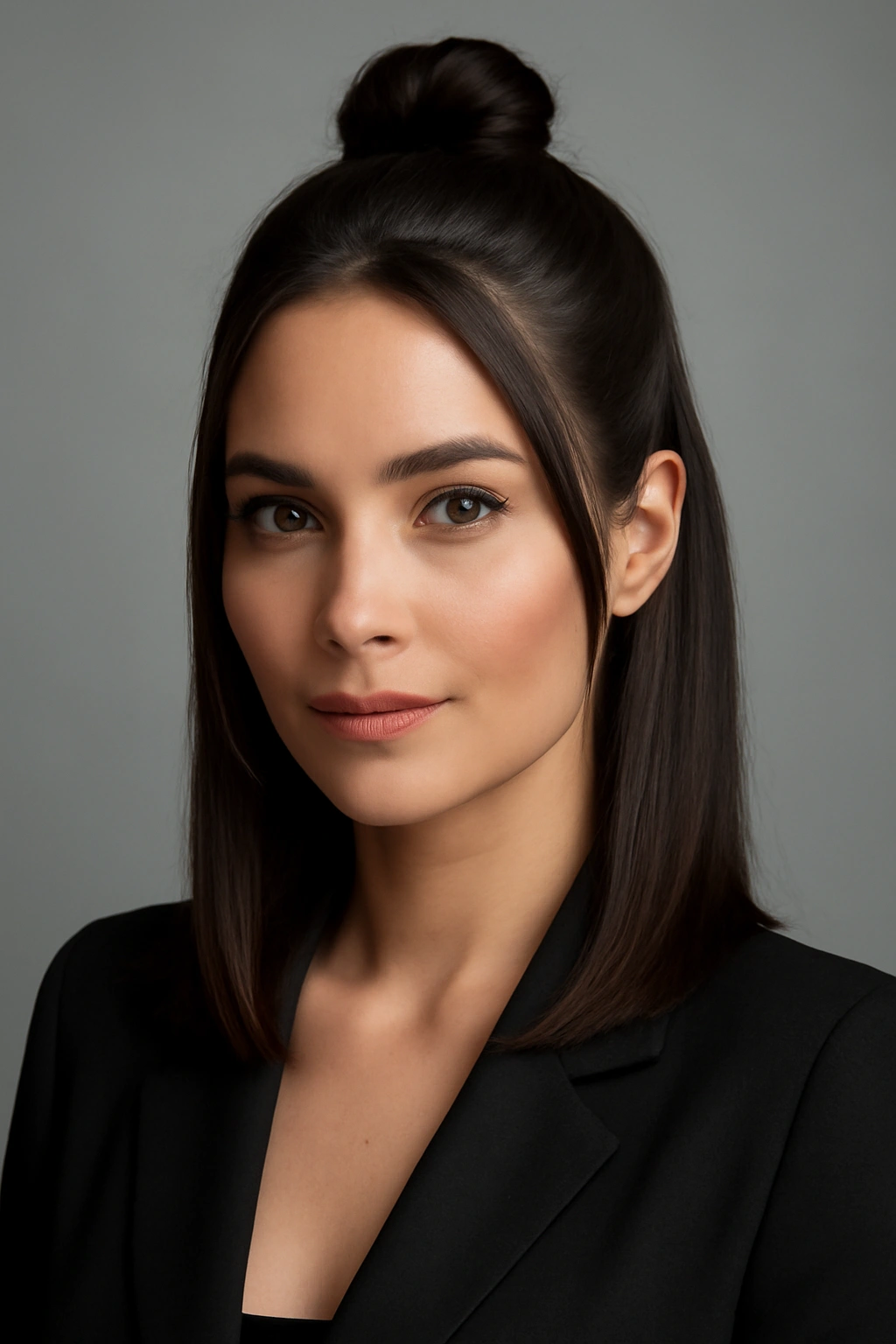Close-up of sleek half bun with face-framing layers in a professional studio setting