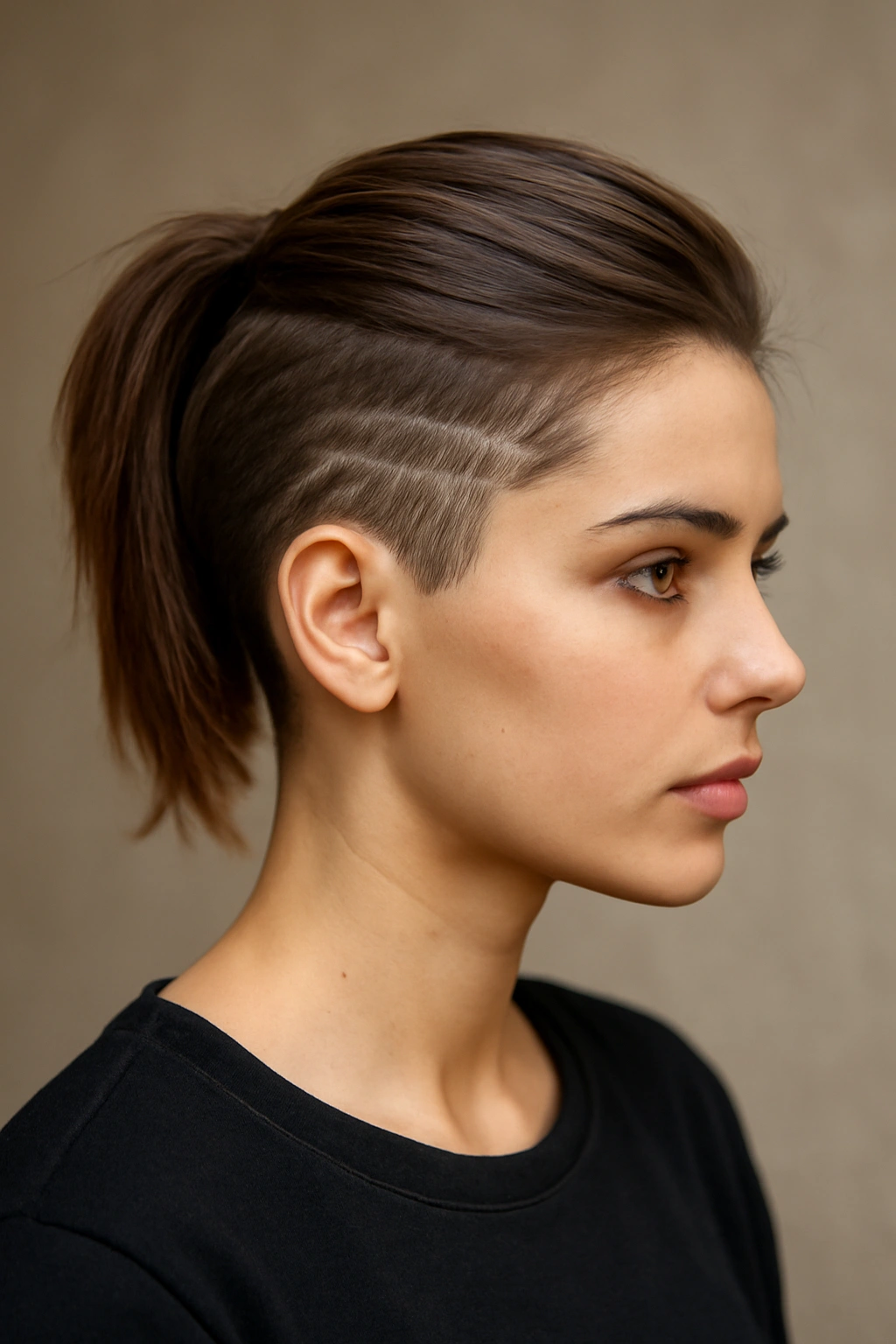 Sleek half-up style showing undercut detail on short hair