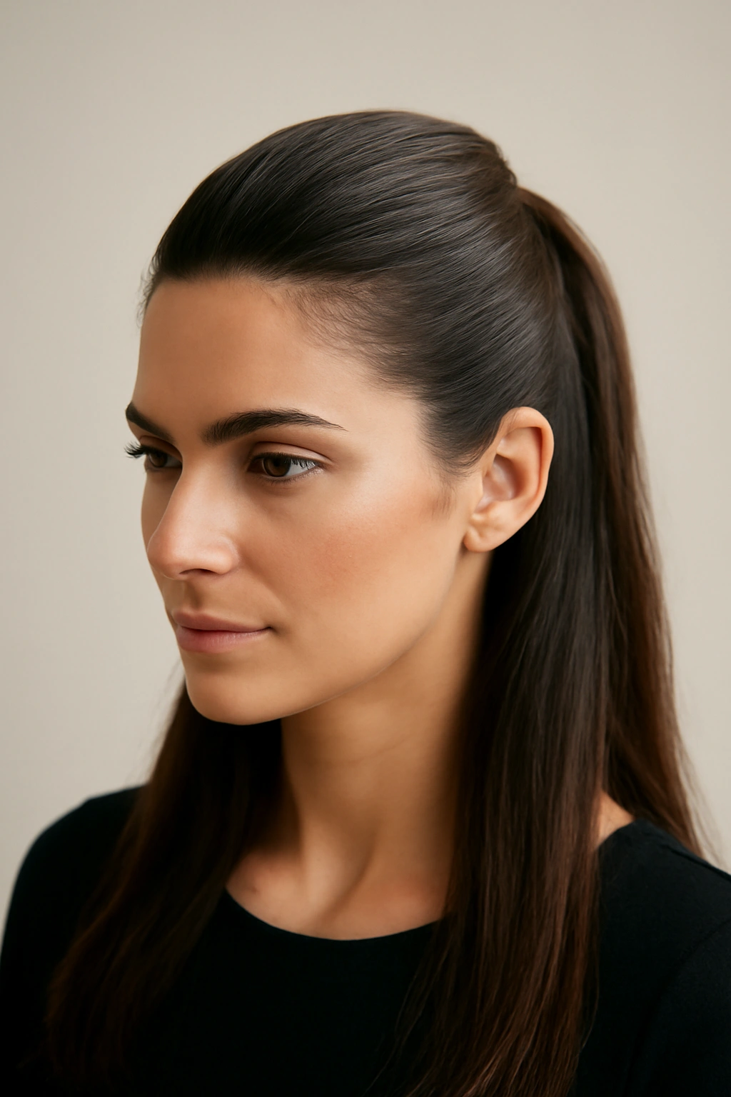 Close-up of a sleek high half-up hairstyle with glossy finish
