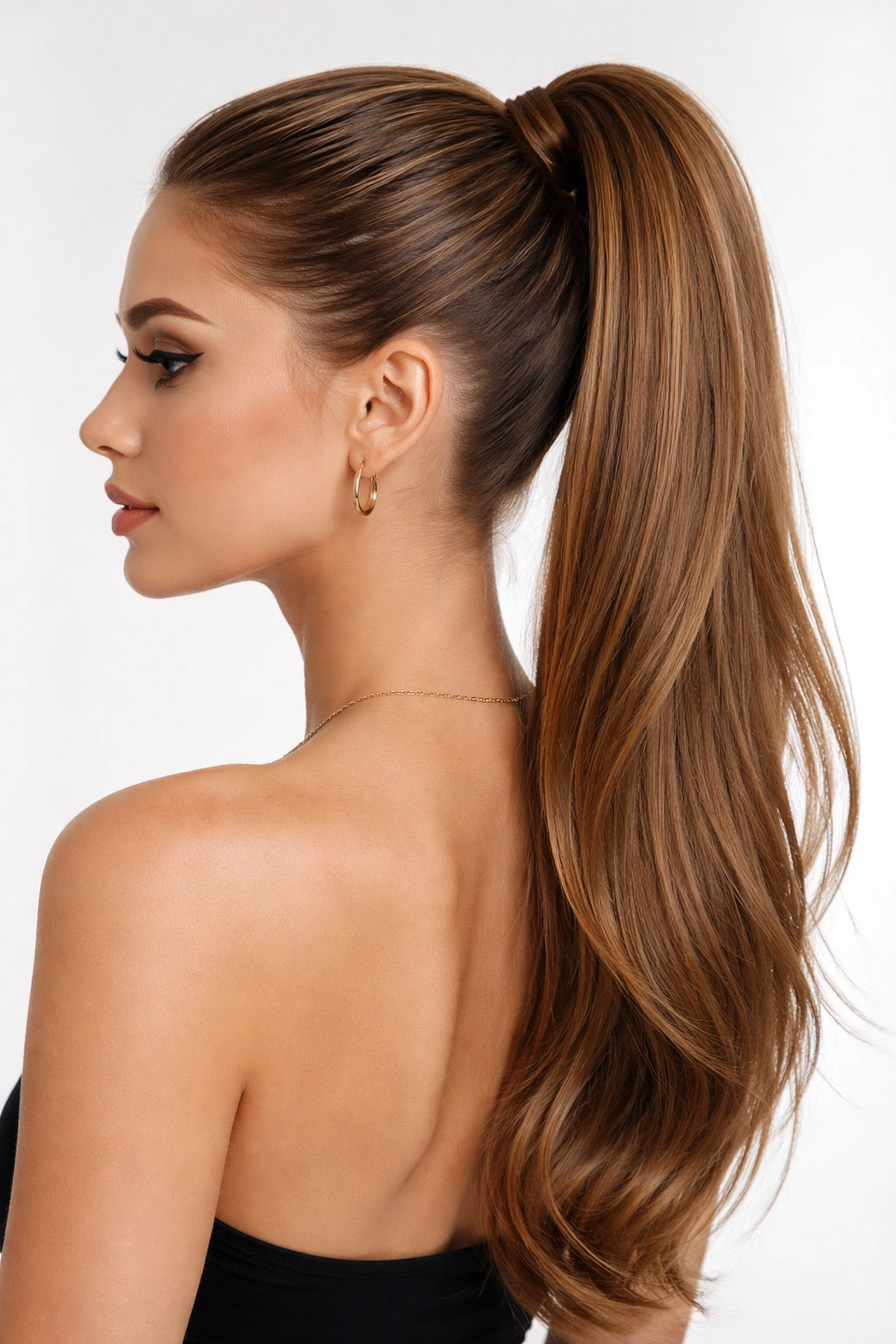 Sleek high ponytail with glossy hair and crown volume