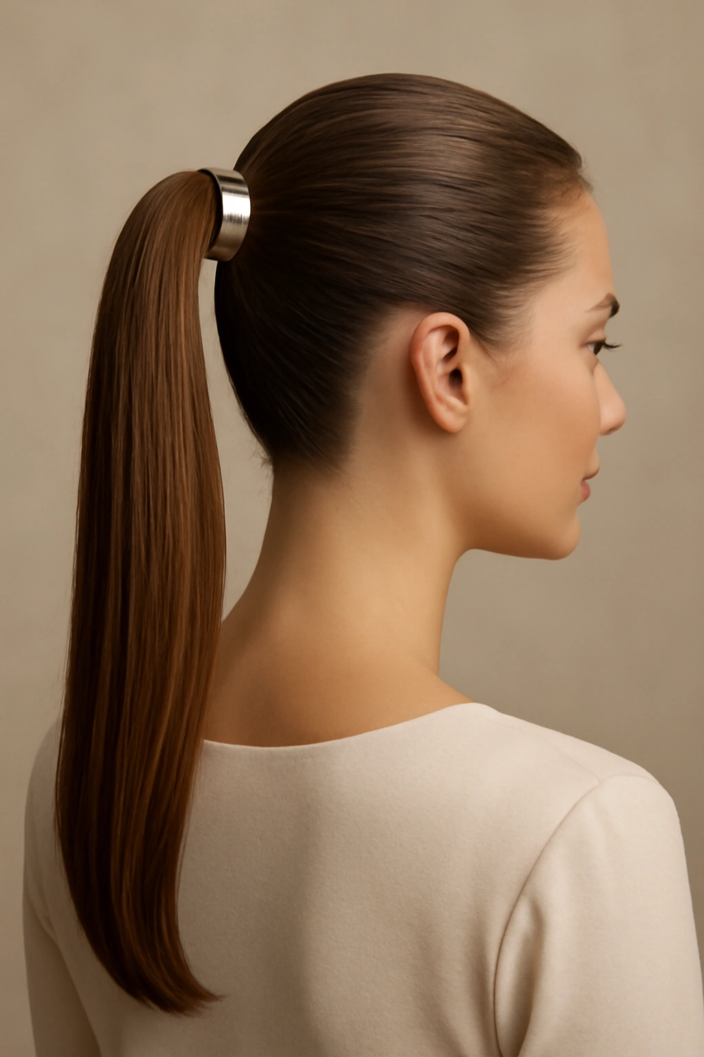 Sleek high ponytail with a metallic hair cuff at the base