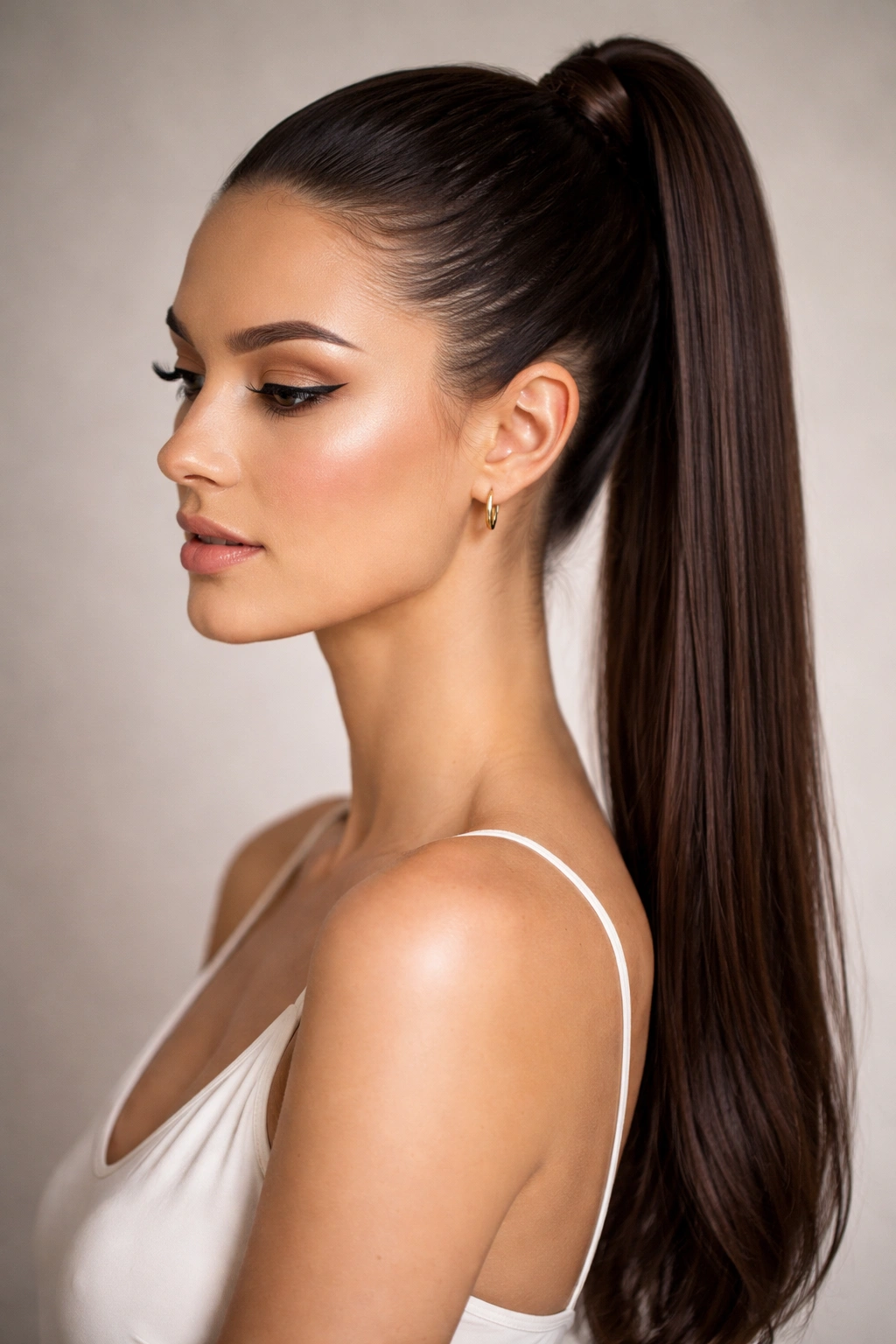 Close-up of a sleek high ponytail pulled tight, revealing a clean silhouette