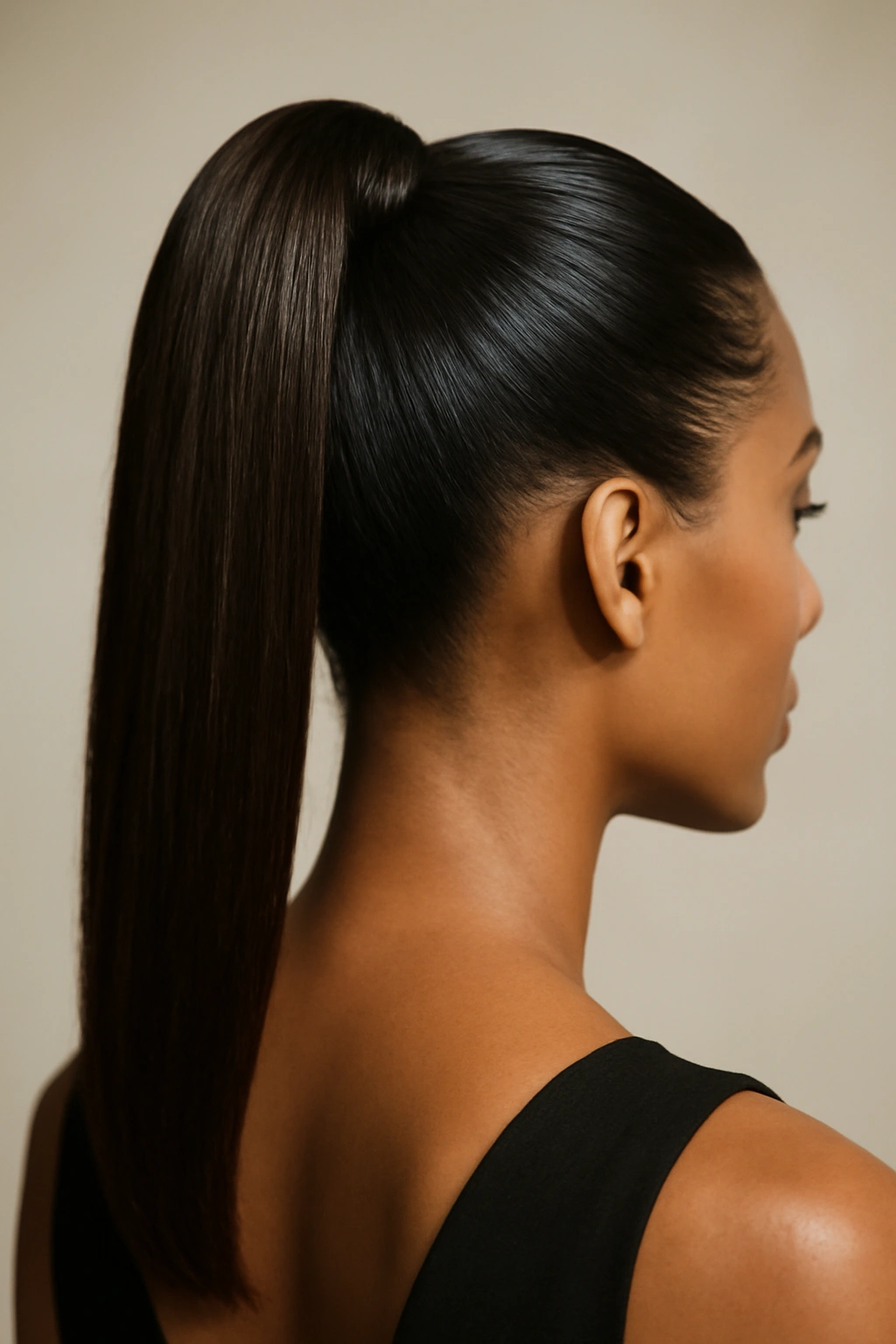 Close-up of a sleek high ponytail with glossy finish